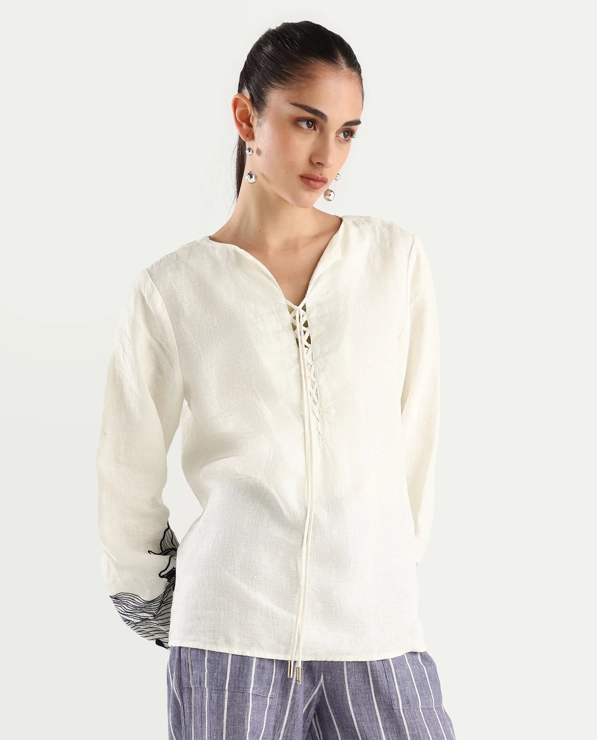 Rareism Women's Janbo White Linen Tie-Up Neck Embroidered Bishop Sleeve Regular Fit Top