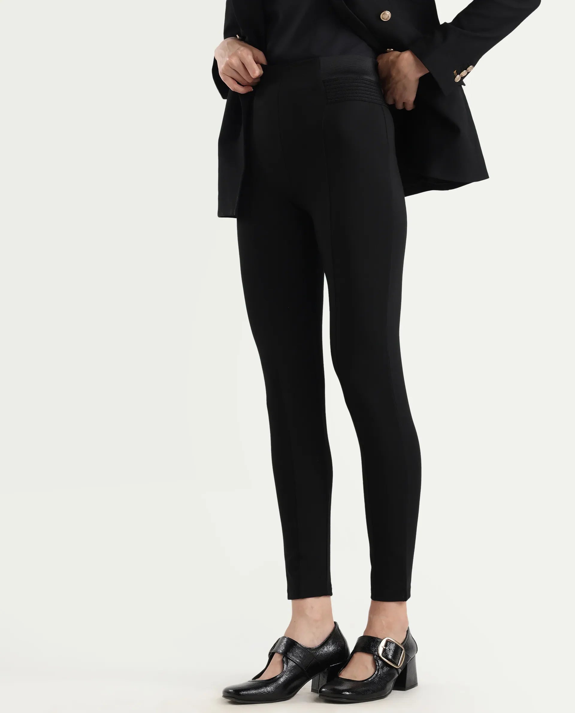 Rareism Women's Jancuro Black Nylon Skinny Fit Plain Trouser