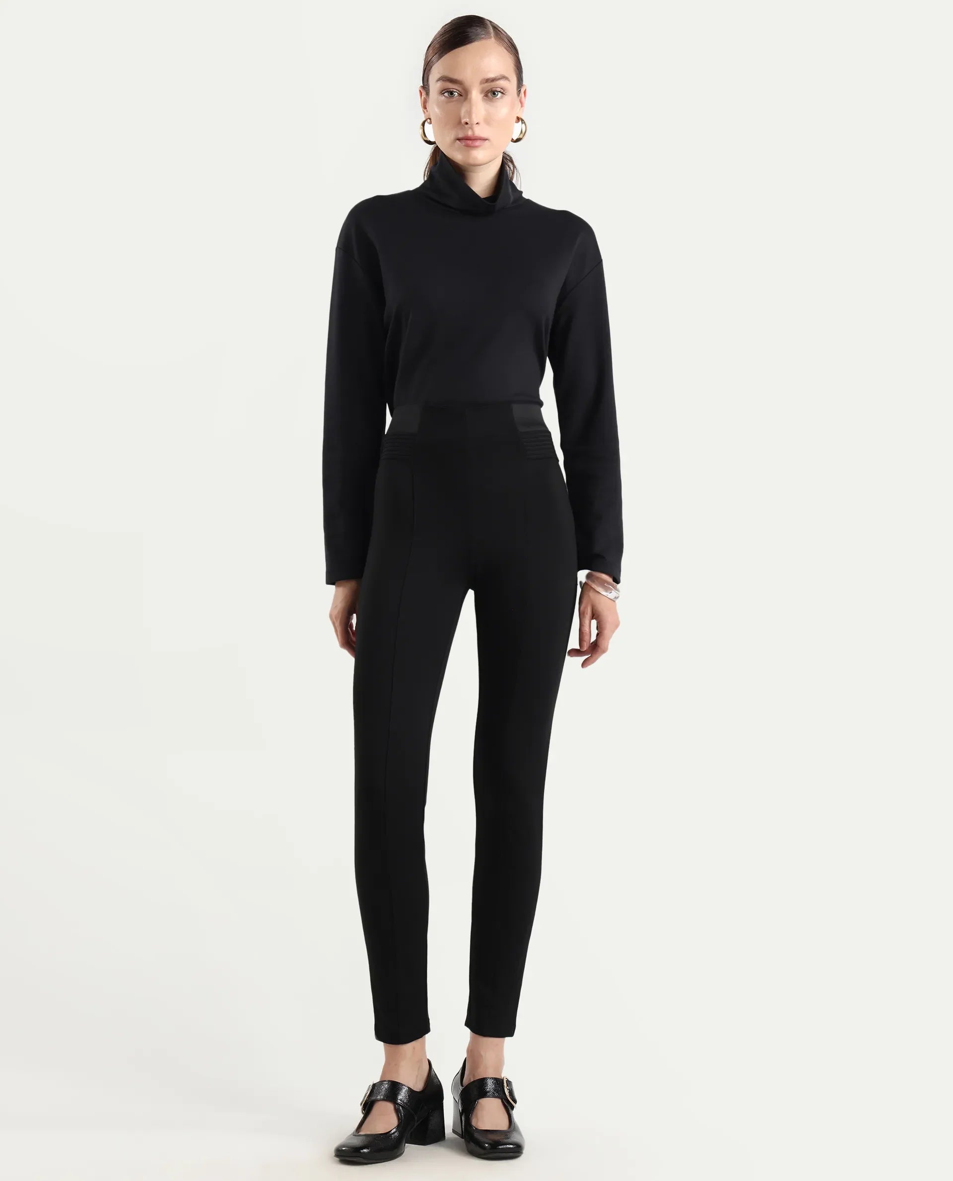 Rareism Women's Jancuro Black Nylon Skinny Fit Plain Trouser
