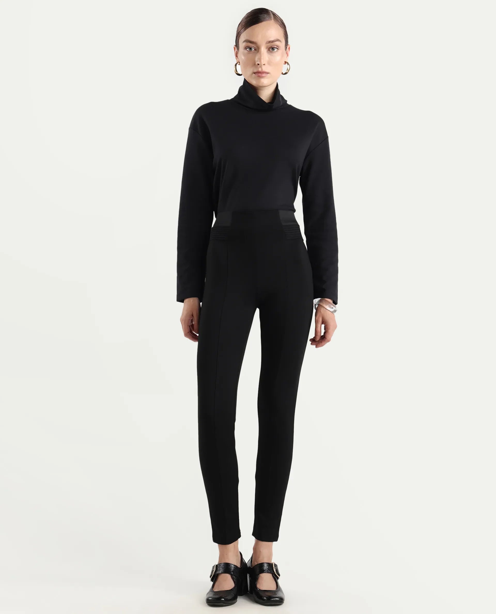 Rareism Women's Jancuro Black Nylon Skinny Fit Plain Trouser