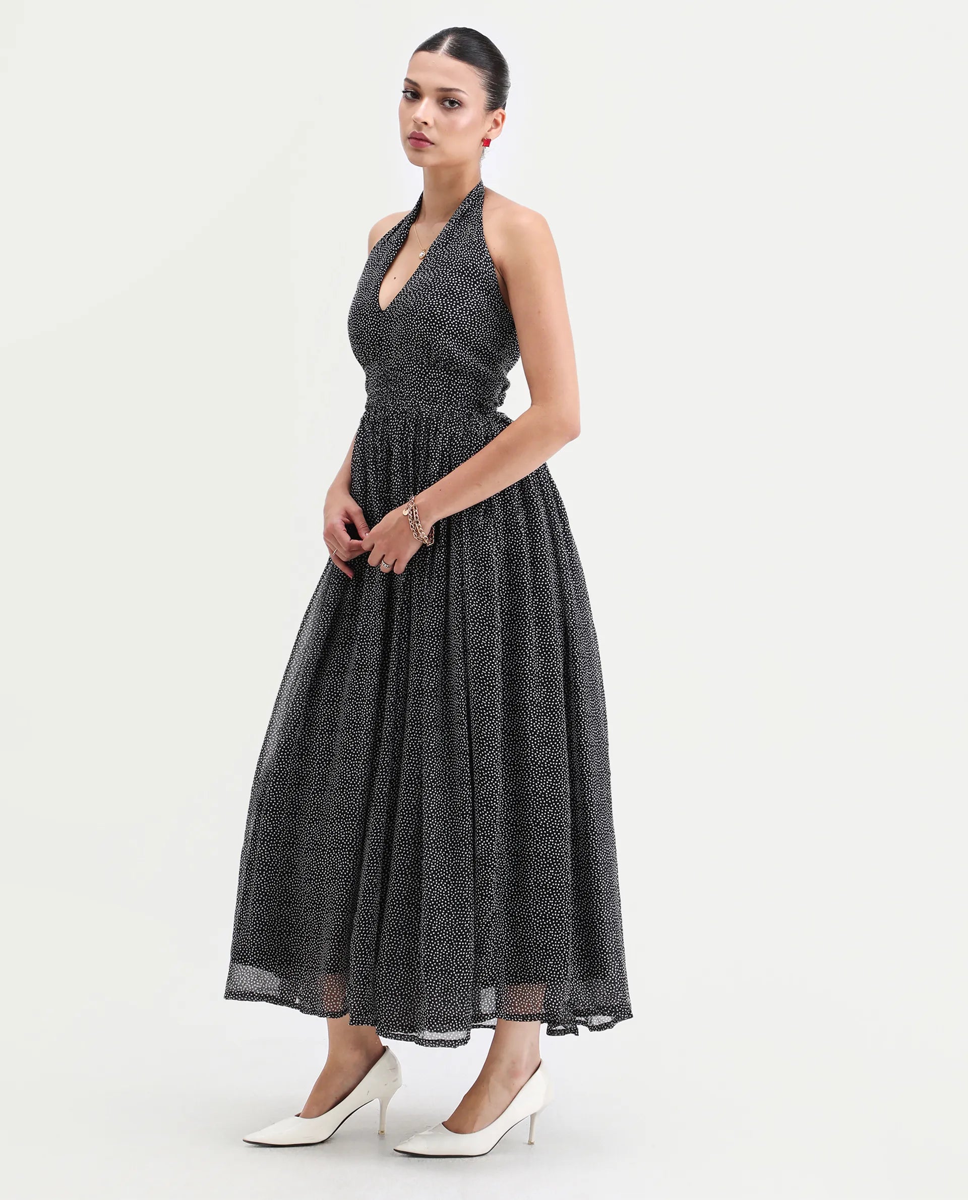 Rareism Women's Janert Black Viscose Halter Neck Polka Print Sleeveless Maxi Fit And Flare Dress