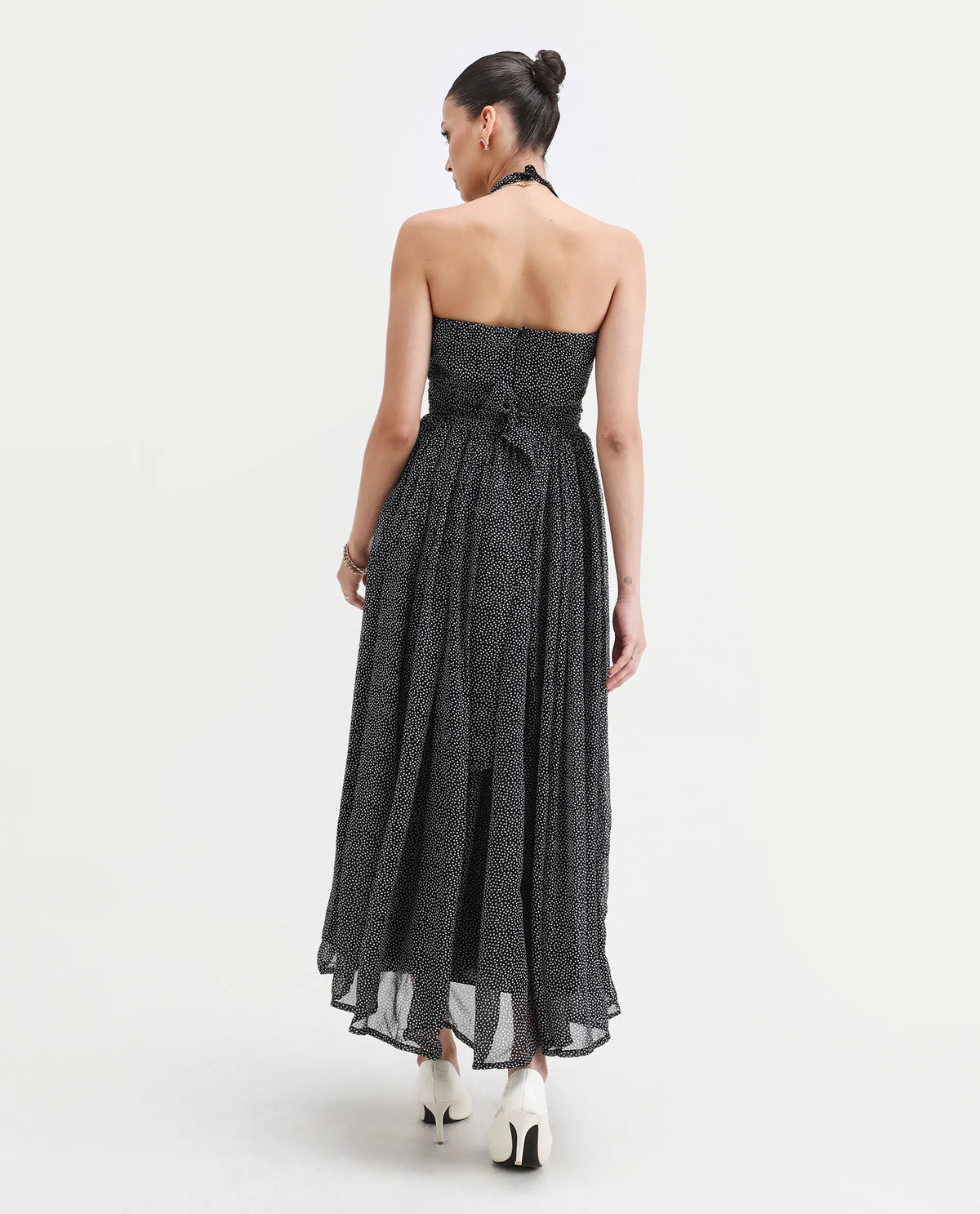 Rareism Women's Janert Black Viscose Halter Neck Polka Print Sleeveless Maxi Fit And Flare Dress