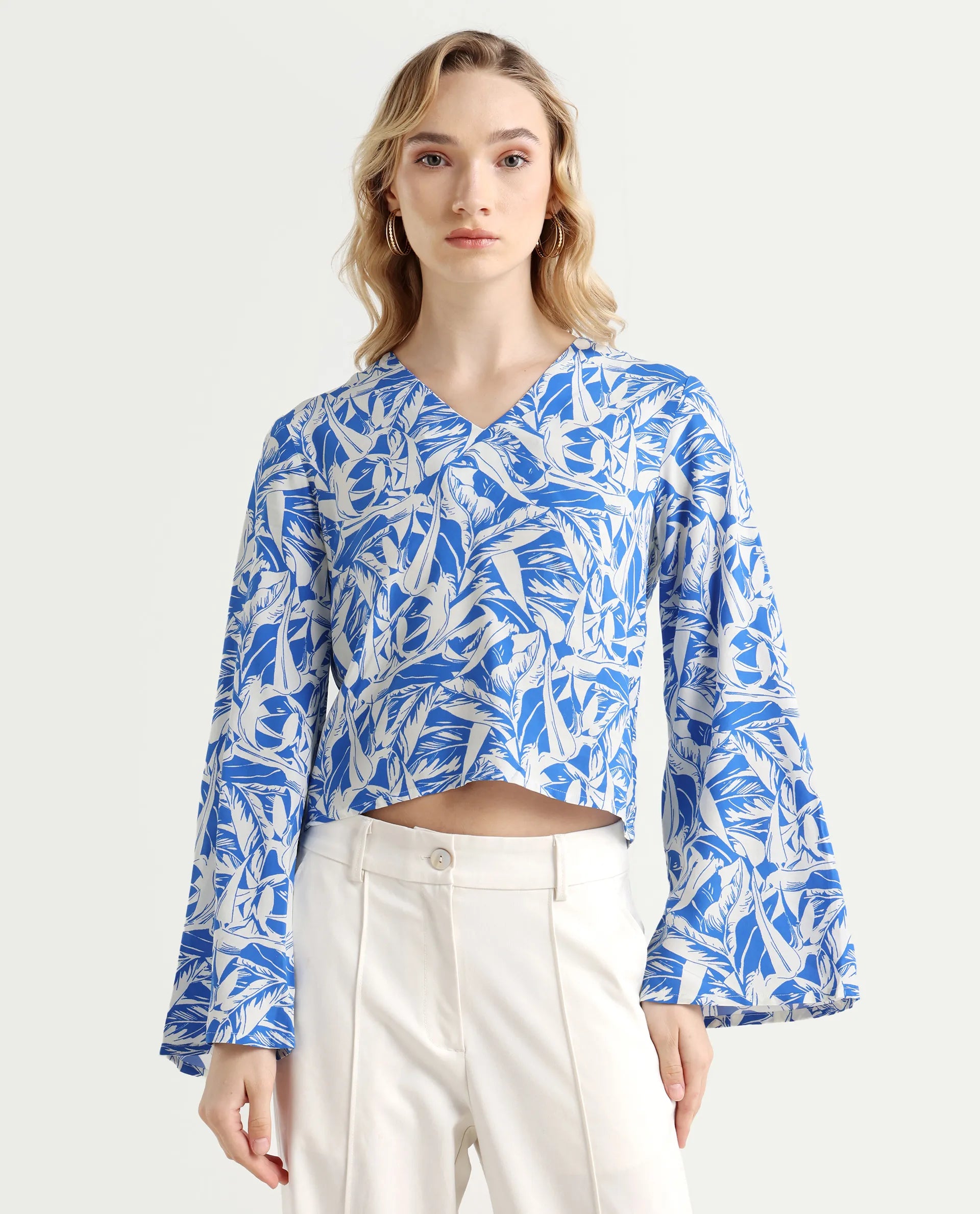 Rareism Women's Jankem Light Blue Viscose Overlap Neck Abstract Print Bell Sleeve Crop Regular Fit Top