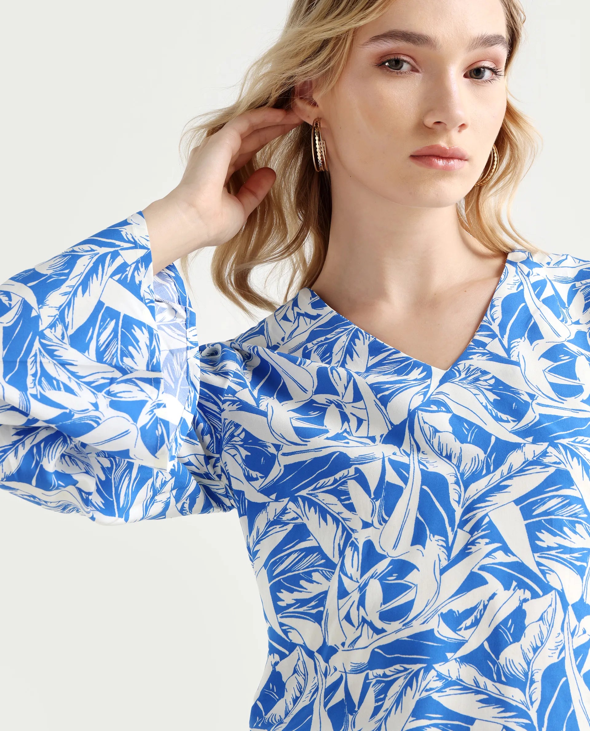 Rareism Women's Jankem Light Blue Viscose Overlap Neck Abstract Print Bell Sleeve Crop Regular Fit Top