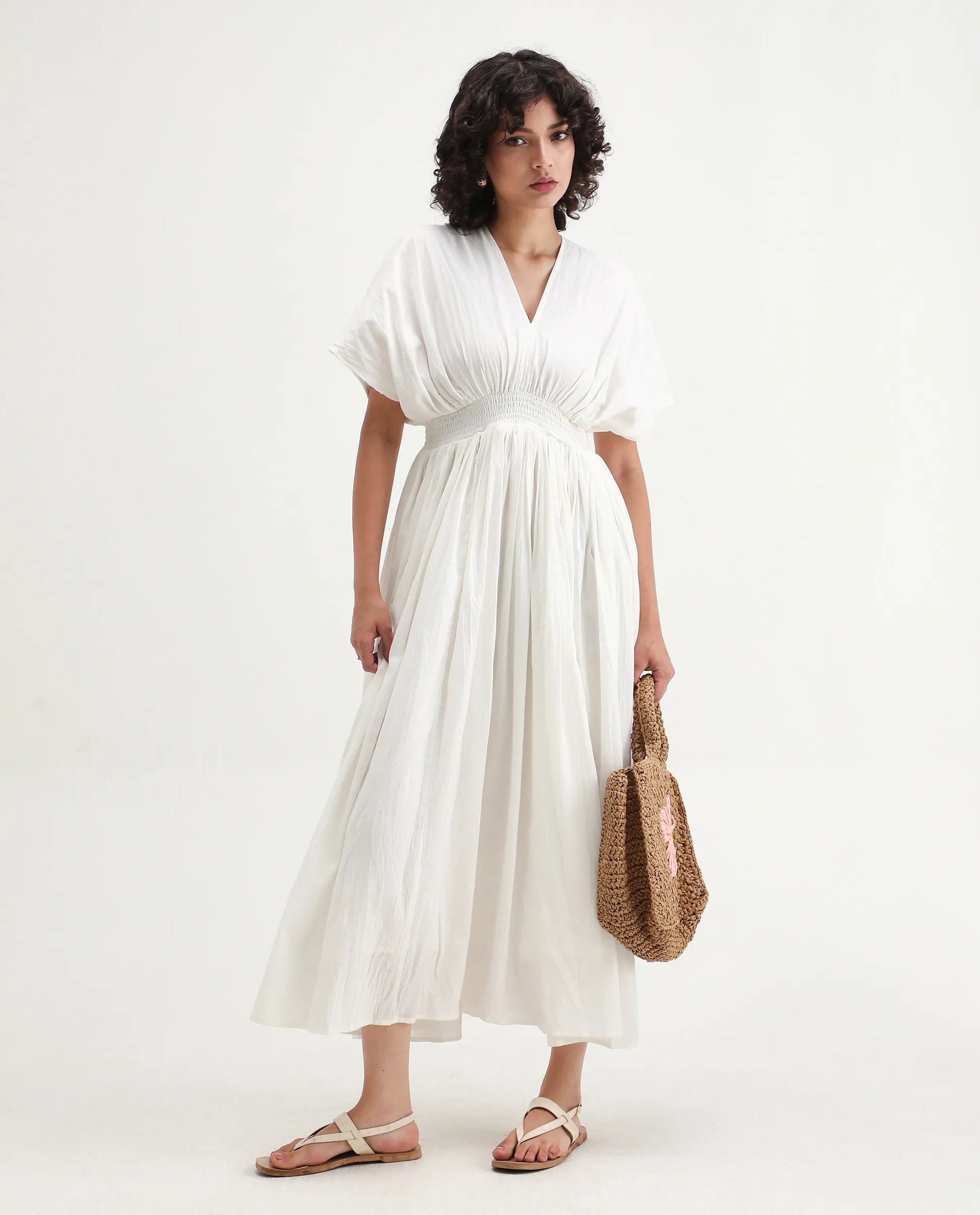 Rareism Women's Janmay Beige Cotton V-Neck Plain Kimono Sleeve Maxi Flared Dress