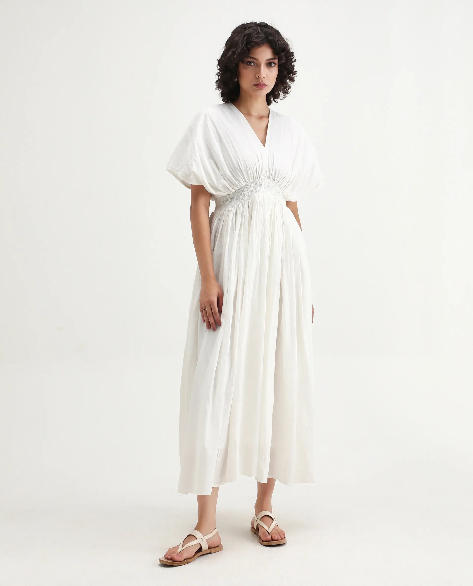 Rareism Women's Janmay Beige Cotton V-Neck Plain Kimono Sleeve Maxi Flared Dress