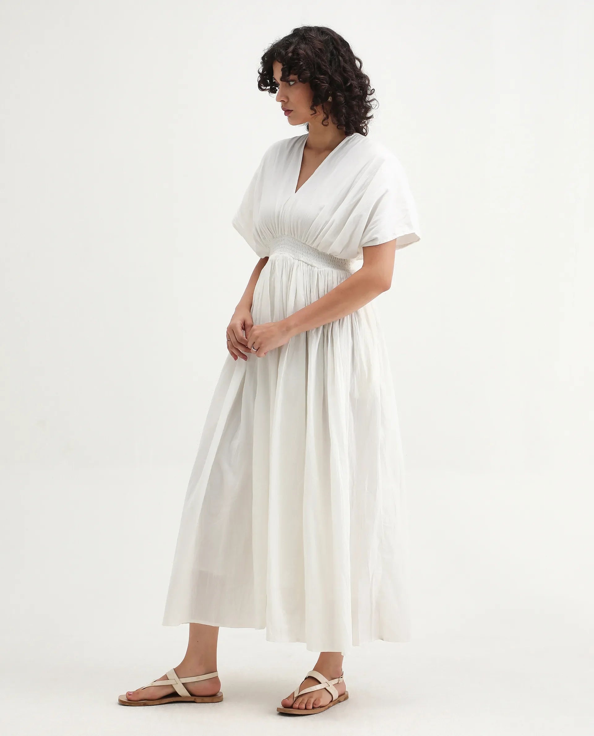 Rareism Women's Janmay Beige Cotton V-Neck Plain Kimono Sleeve Maxi Flared Dress