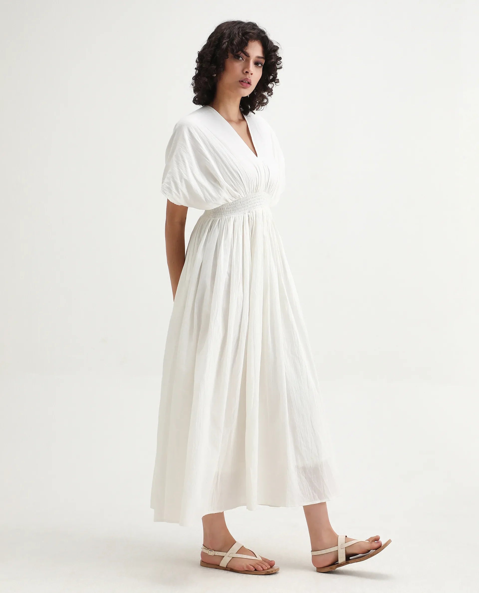 Rareism Women's Janmay Beige Cotton V-Neck Plain Kimono Sleeve Maxi Flared Dress