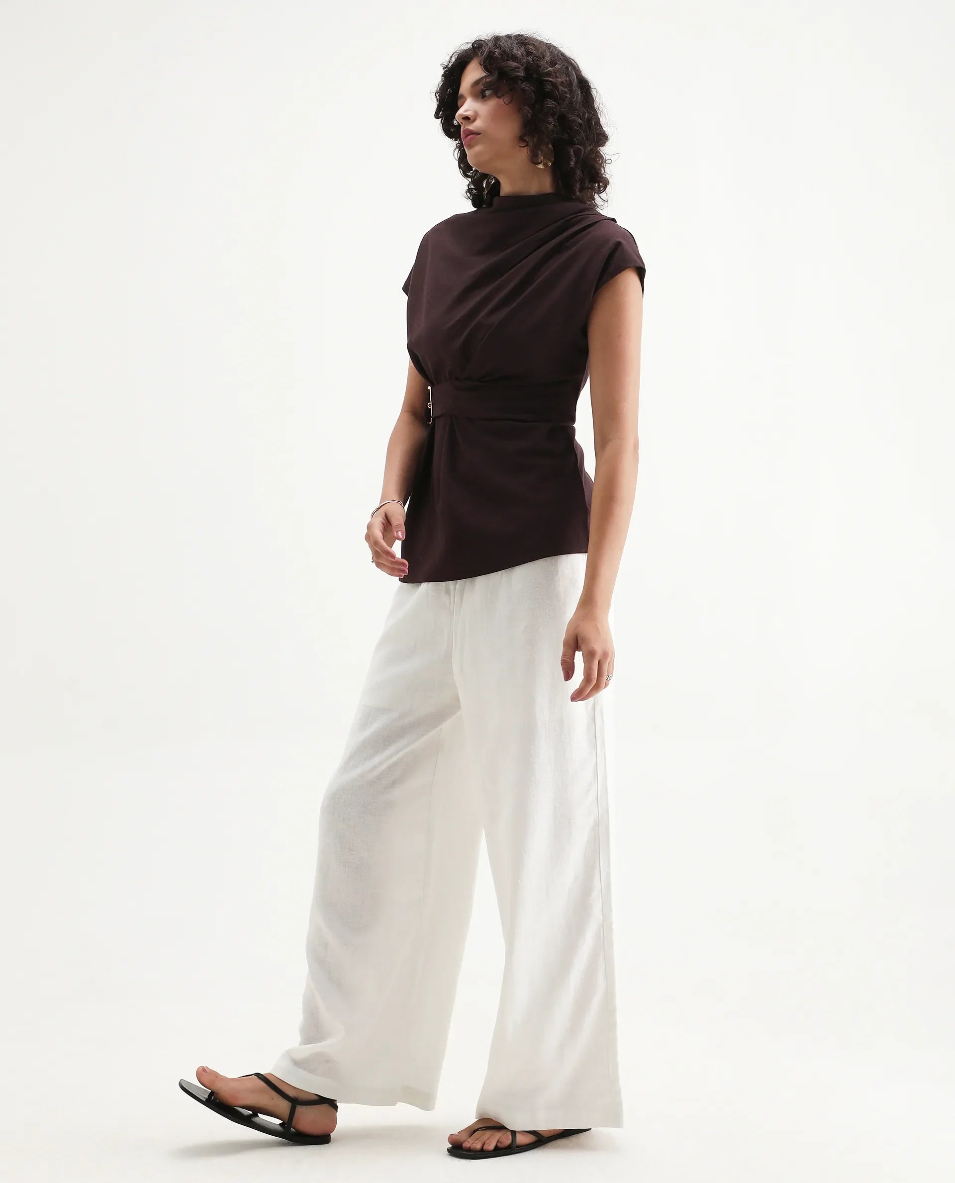 Rareism Women's Janry Beige Linen Plain Ankle Length Straight Fit Trouser