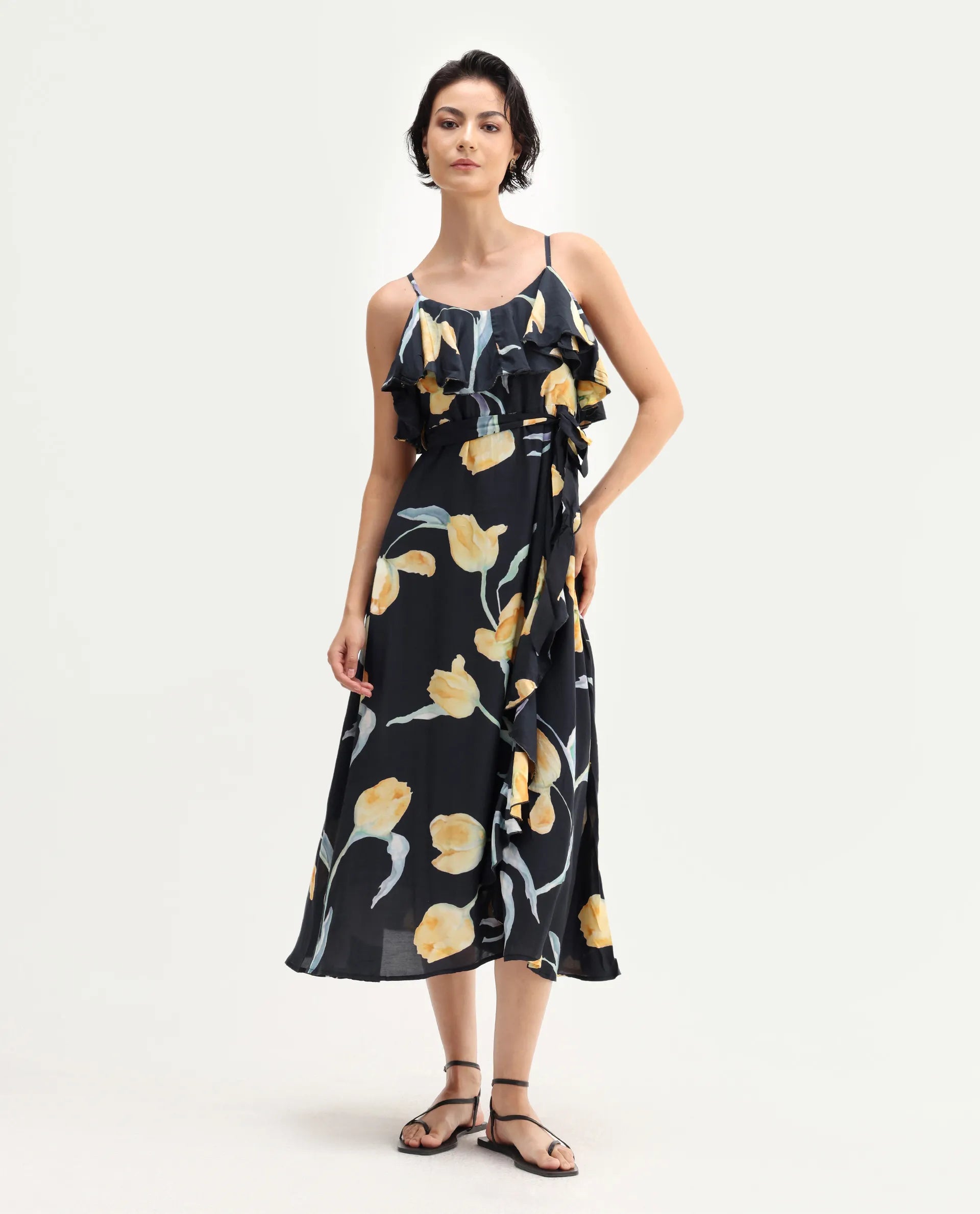 Rareism Women's Jantoto Black Viscose Shoulder Strap Floral Print Sleeveless Midi Fit And Flare Dress