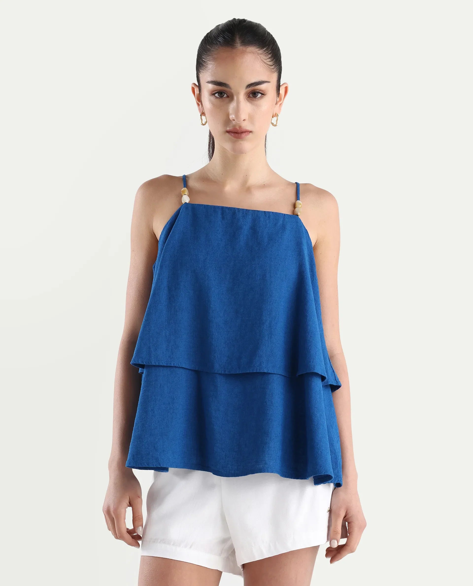 Rareism Women's Januana Blue Linen Shoulder Strap Plain Sleeveless Flared Top