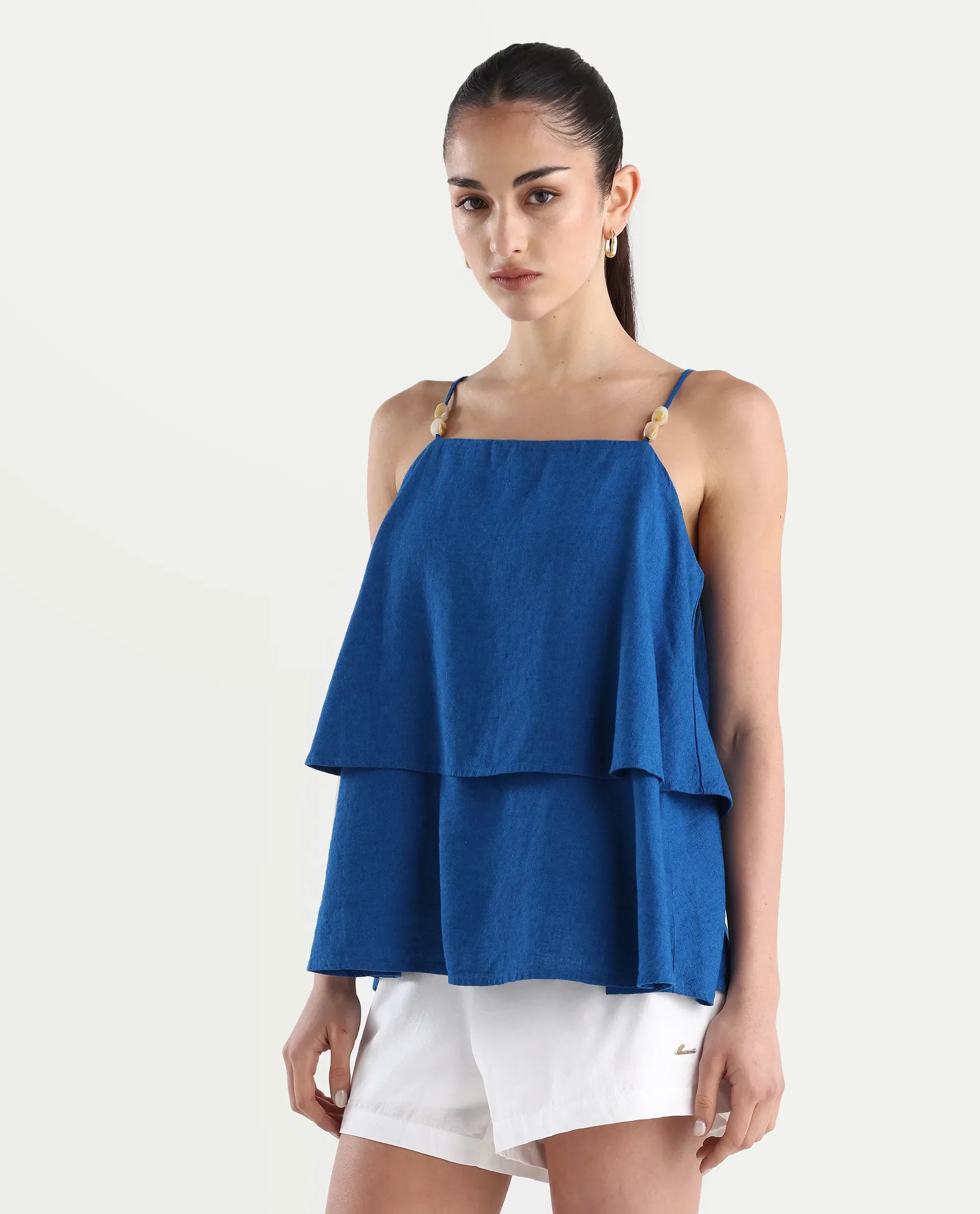 Rareism Women's Januana Blue Linen Shoulder Strap Plain Sleeveless Flared Top