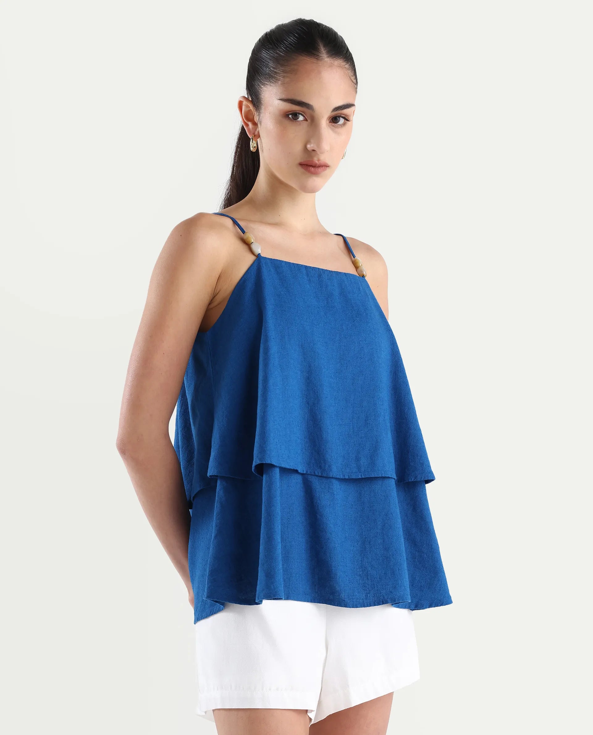 Rareism Women's Januana Blue Linen Shoulder Strap Plain Sleeveless Flared Top