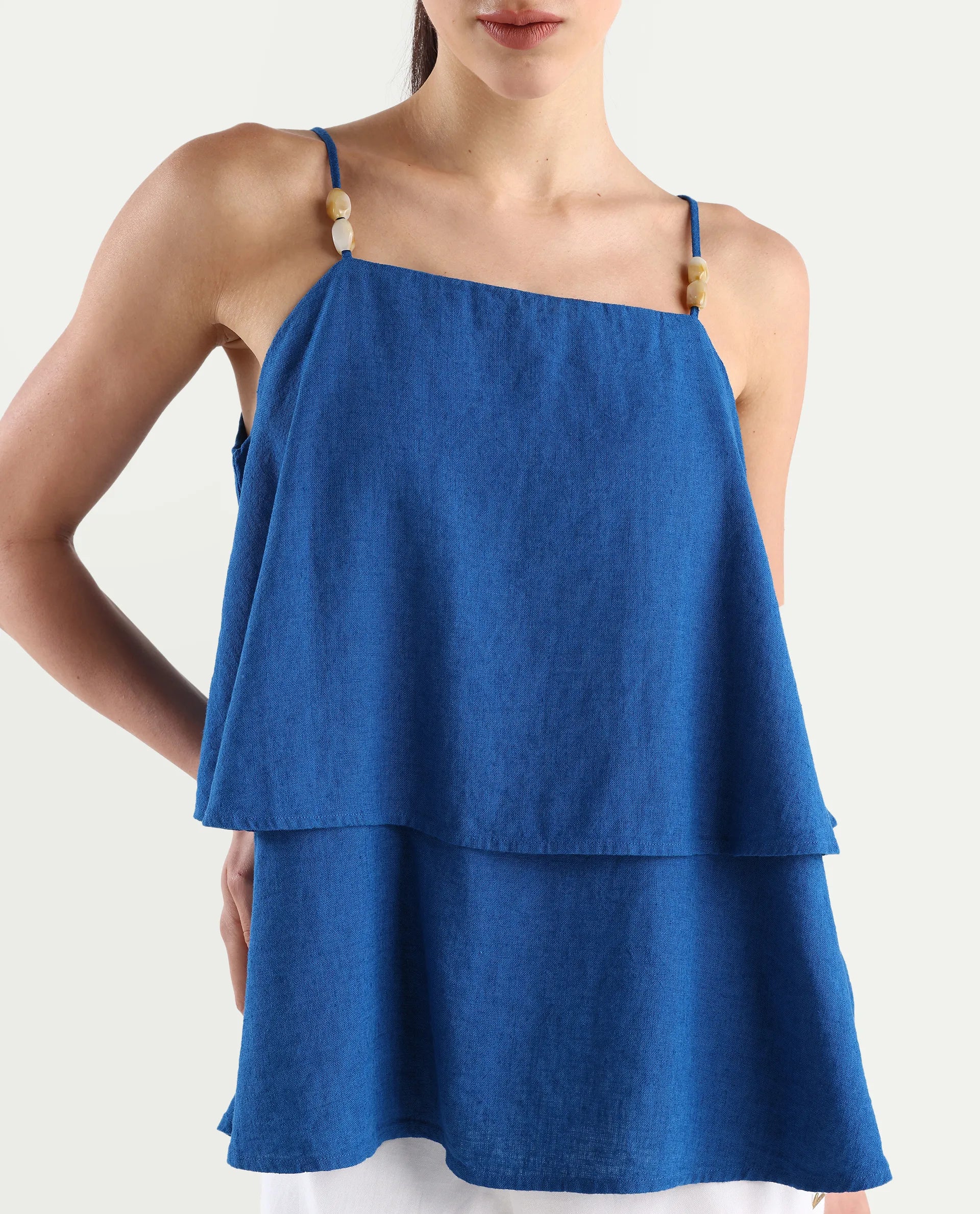 Rareism Women's Januana Blue Linen Shoulder Strap Plain Sleeveless Flared Top