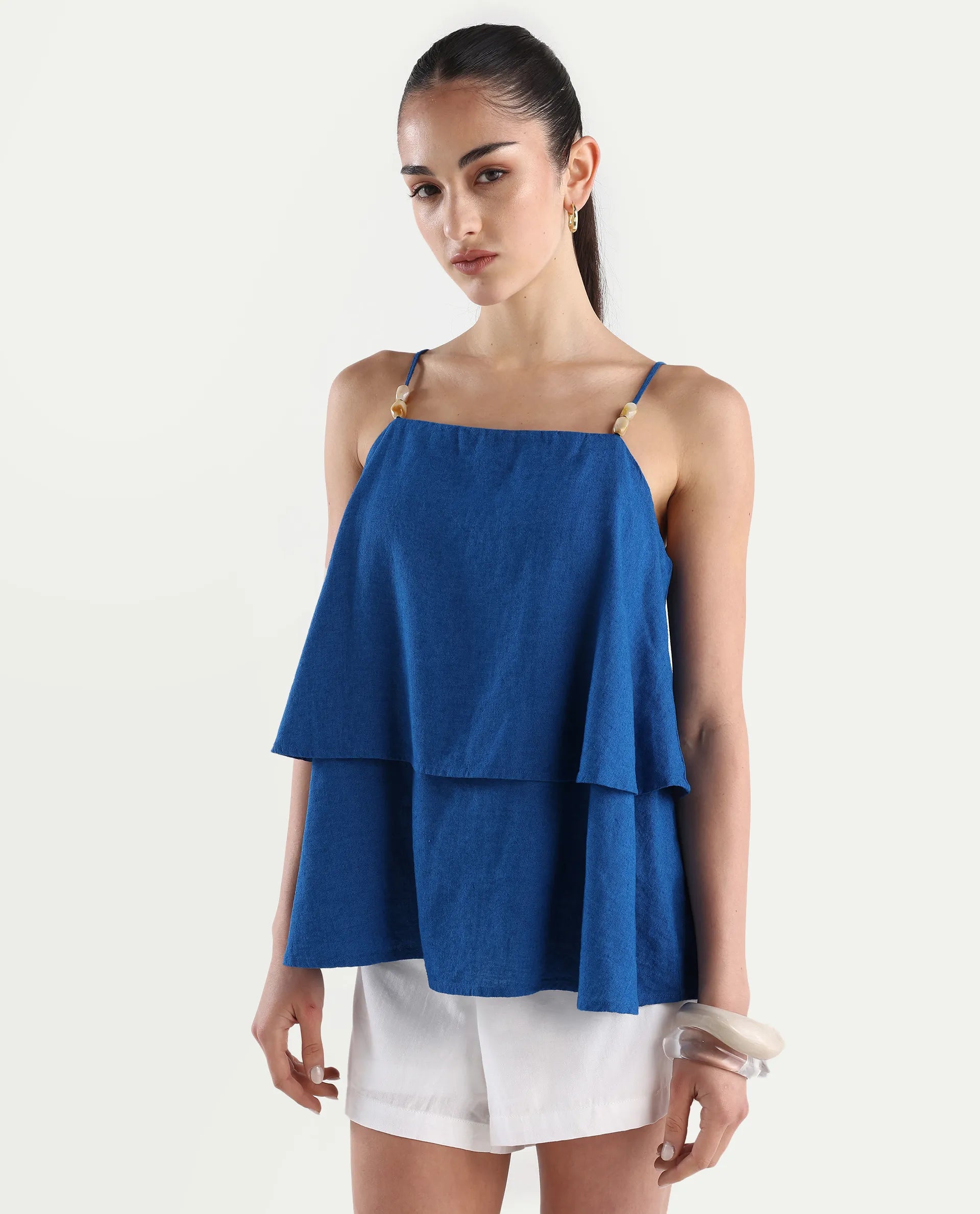 Rareism Women's Januana Blue Linen Shoulder Strap Plain Sleeveless Flared Top