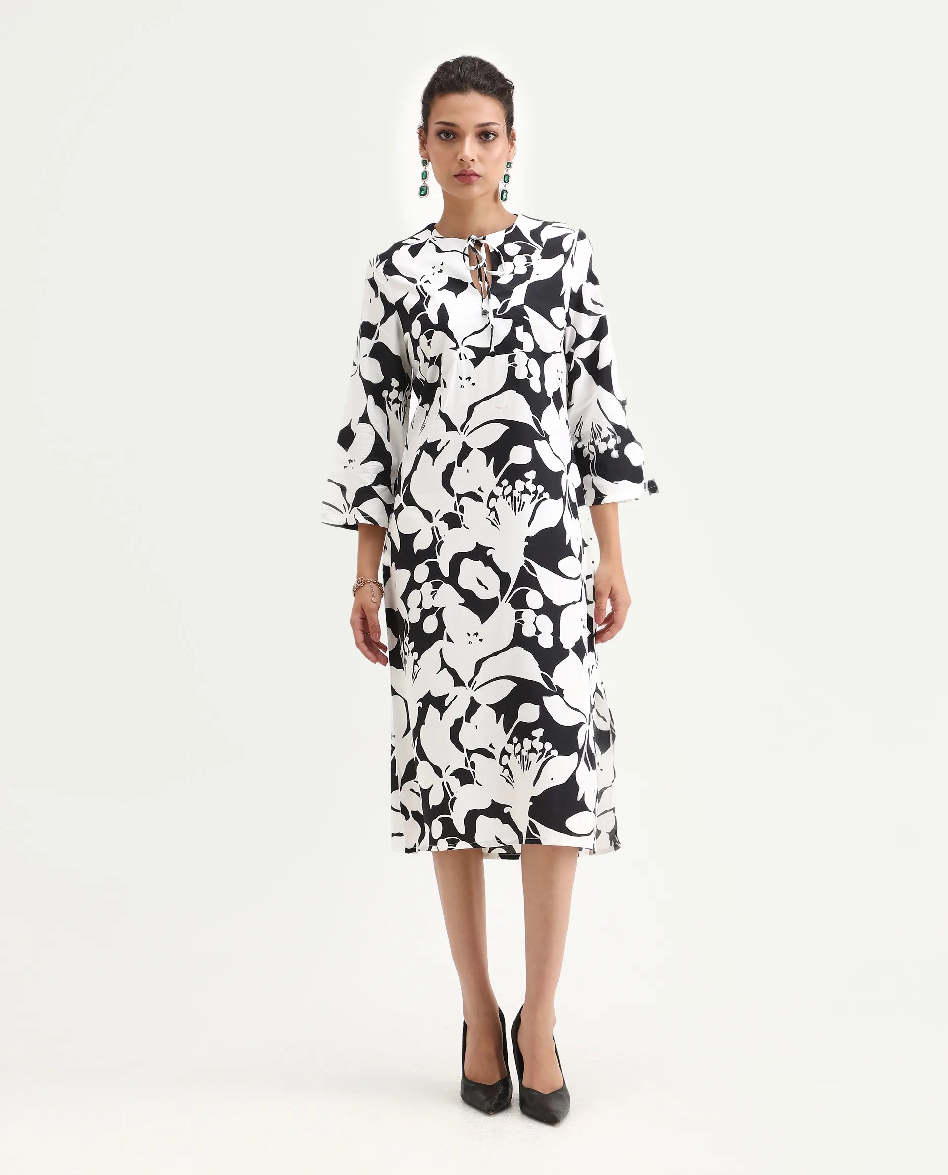Rareism Women's Janzen Black Viscose Tie-Up Neck Floral Print Bell Sleeve Midi Straight Fit Dress