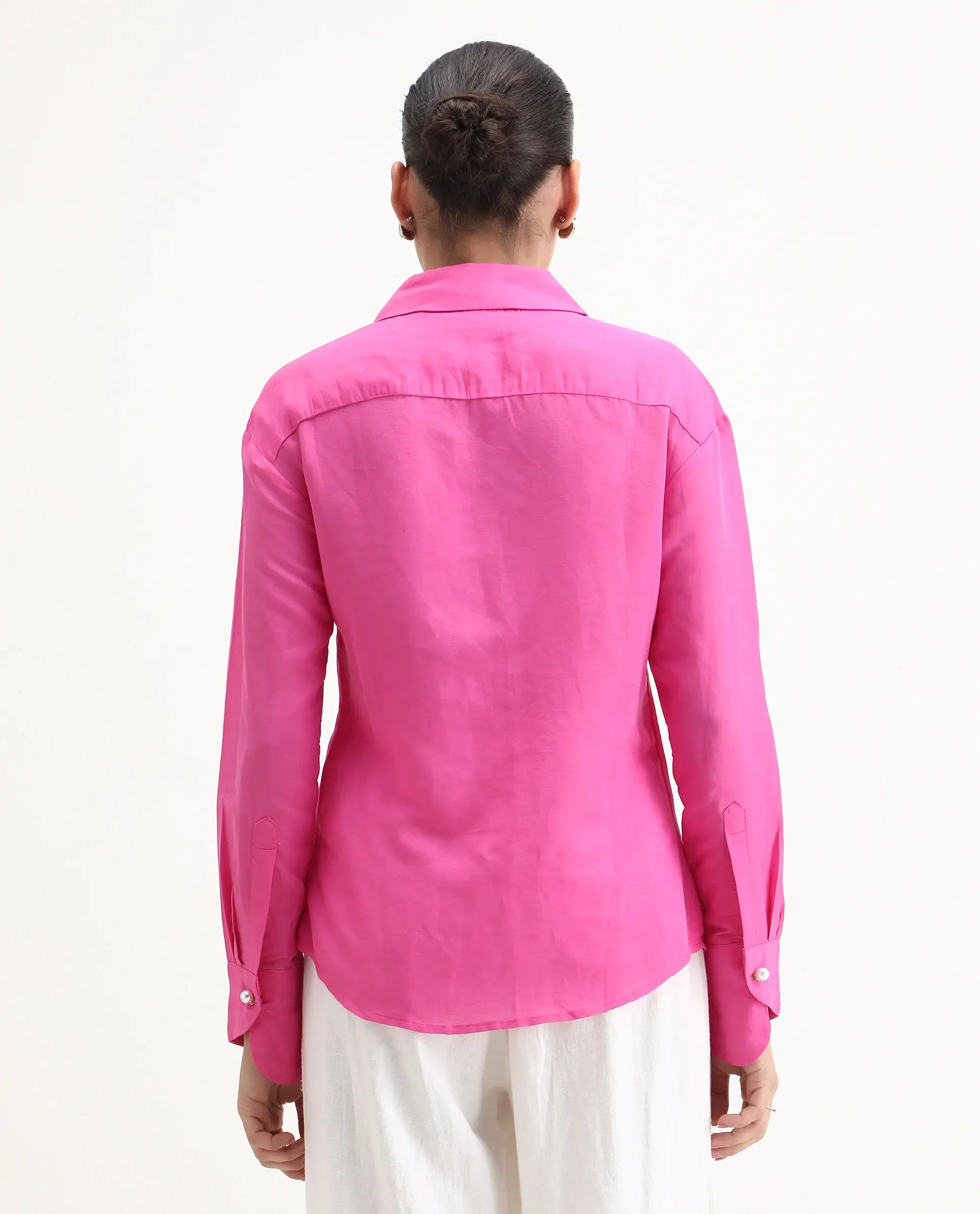 Rareism Women's Jayleen Pink Linen Spread Collar Plain Slim Fit Top