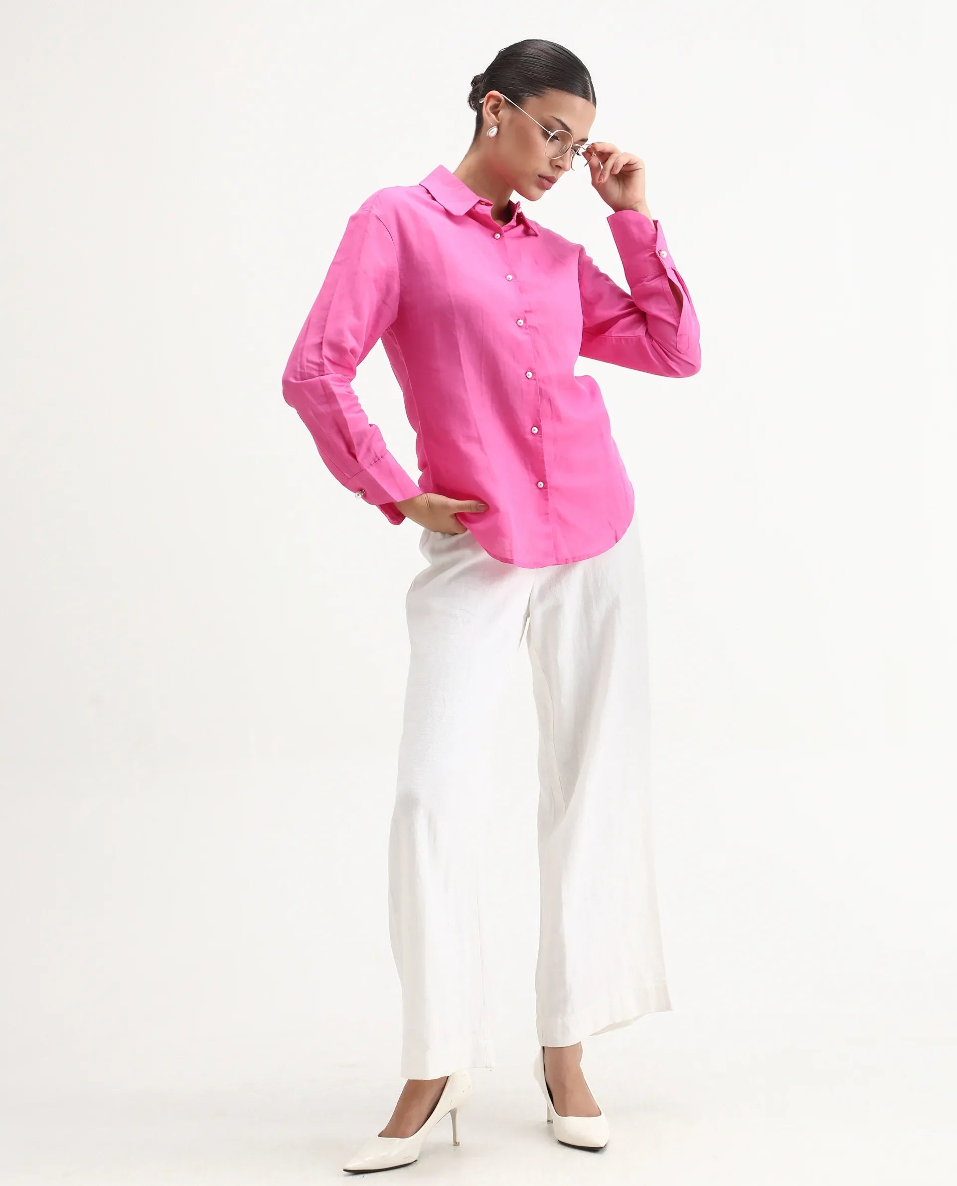Rareism Women's Jayleen Pink Linen Spread Collar Plain Slim Fit Top