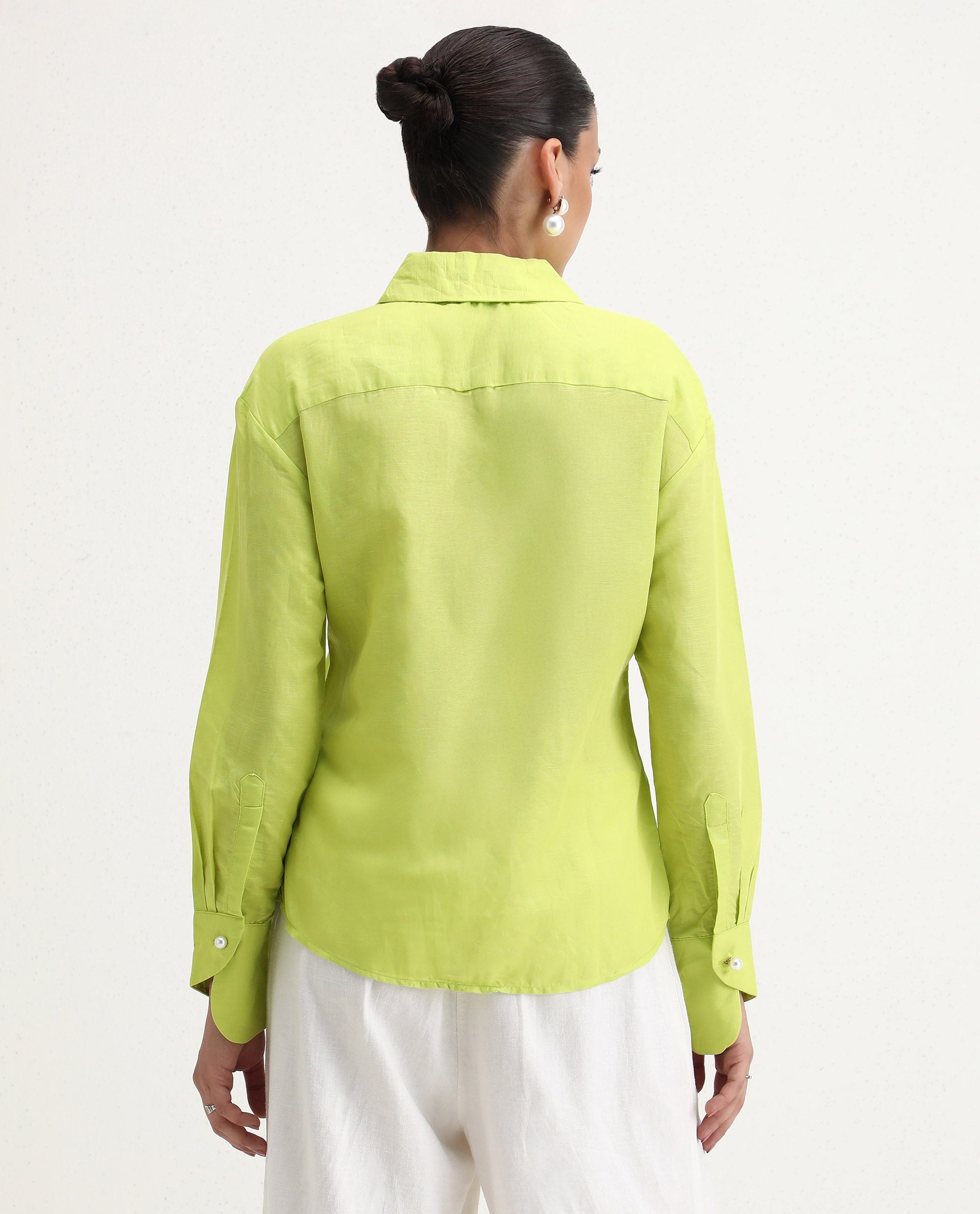 Rareism Women's Jayleen Yellow Linen Spread Collar Plain Slim Fit Top