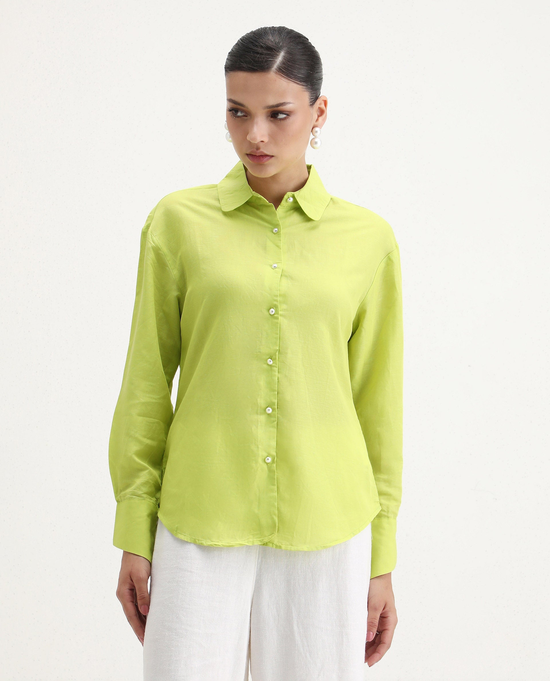 Rareism Women's Jayleen Yellow Linen Spread Collar Plain Slim Fit Top