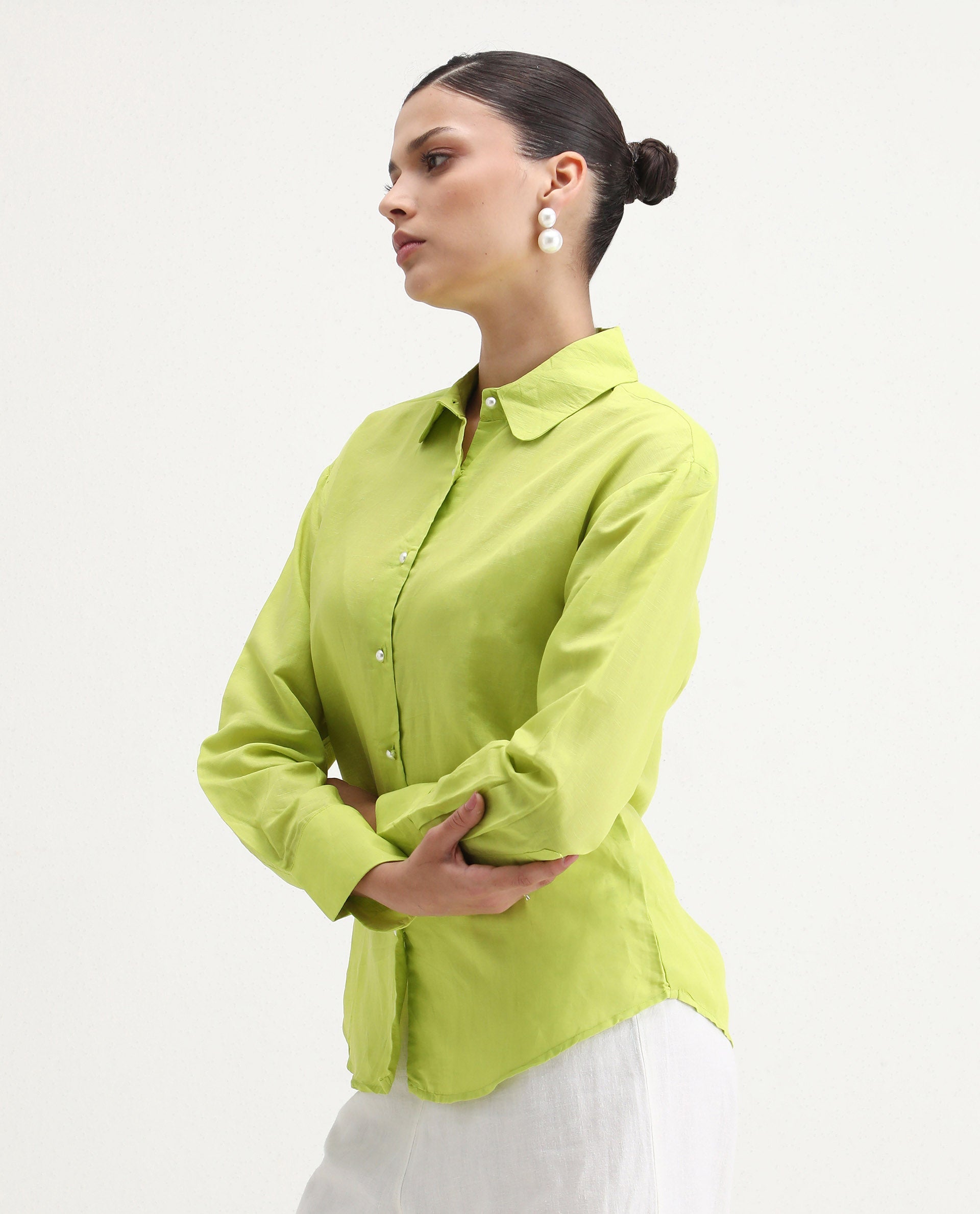 Rareism Women's Jayleen Yellow Linen Spread Collar Plain Slim Fit Top