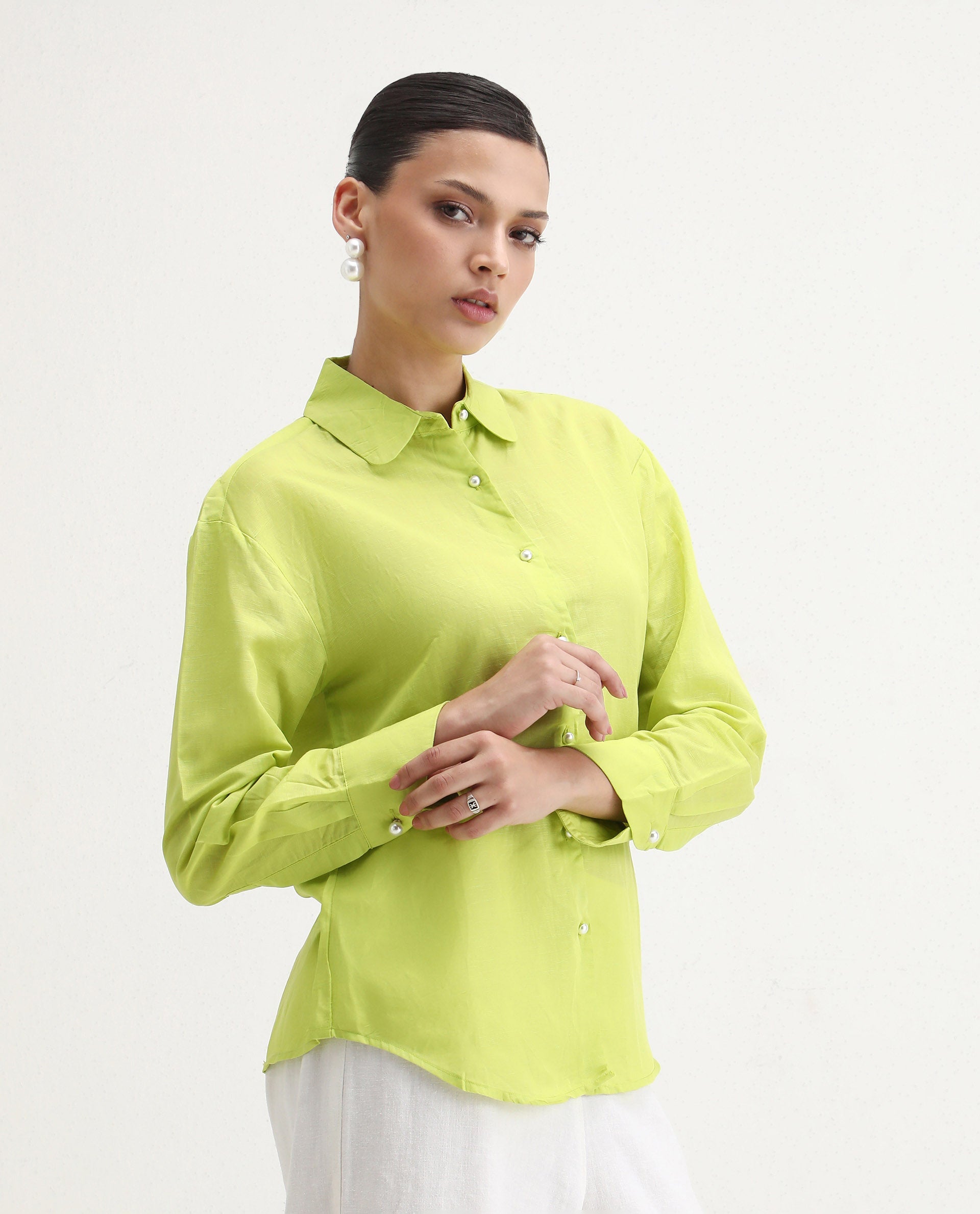 Rareism Women's Jayleen Yellow Linen Spread Collar Plain Slim Fit Top