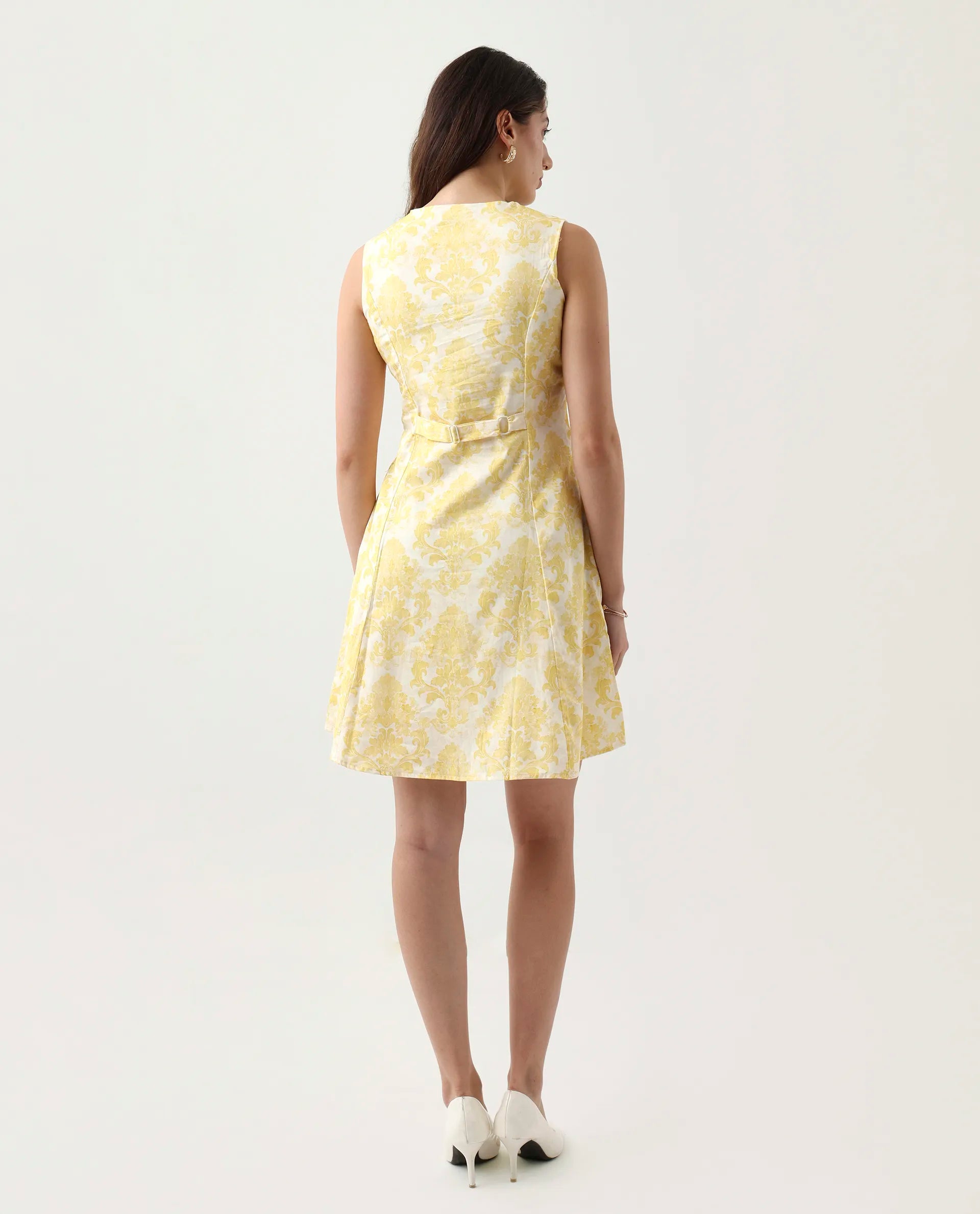 Rareism Women's Jeklo Yellow Cotton Round Neck A-Line Printed Dress