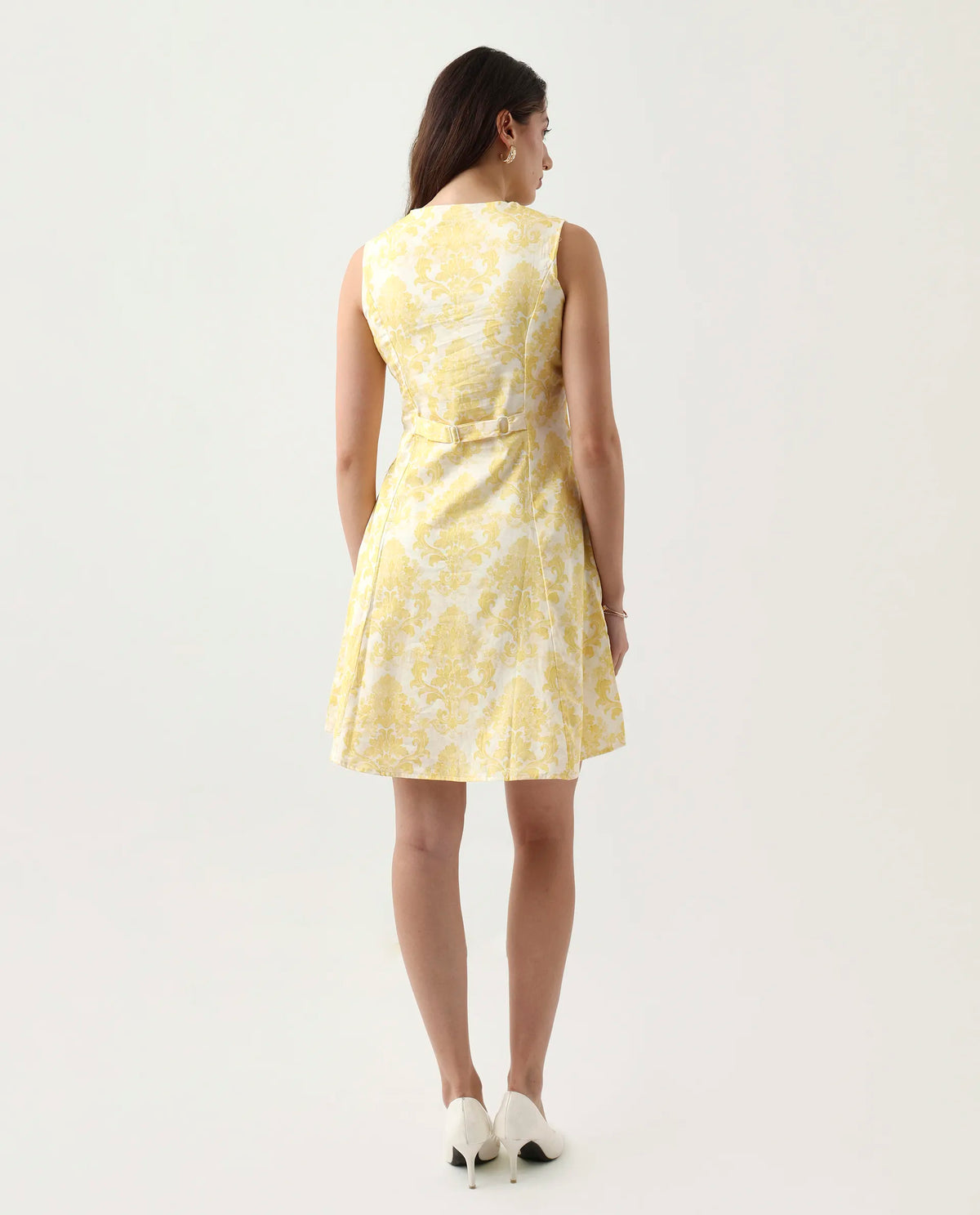 Rareism Women's Jeklo Yellow Cotton Round Neck A-Line Printed Dress