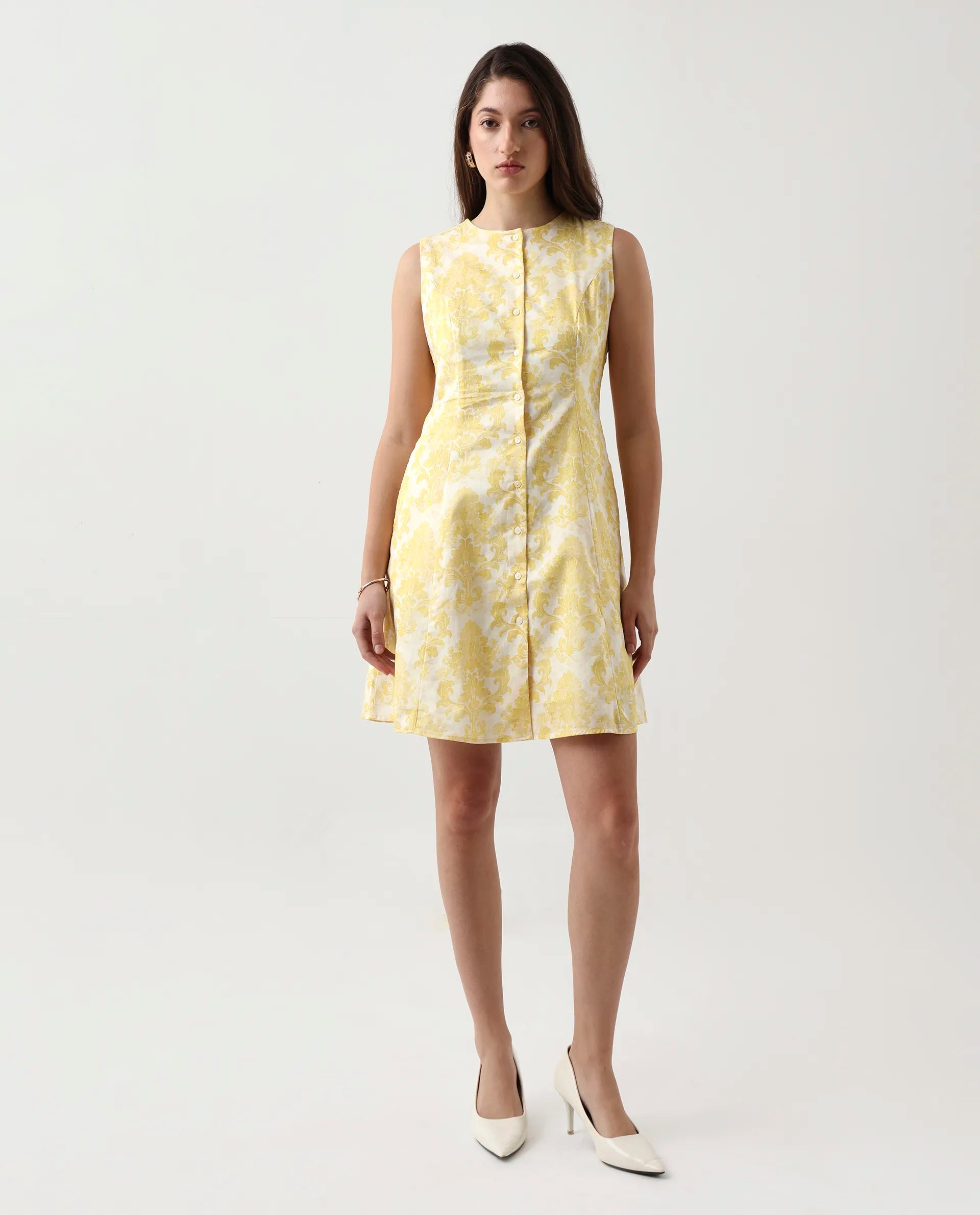Rareism Women's Jeklo Yellow Cotton Round Neck A-Line Printed Dress