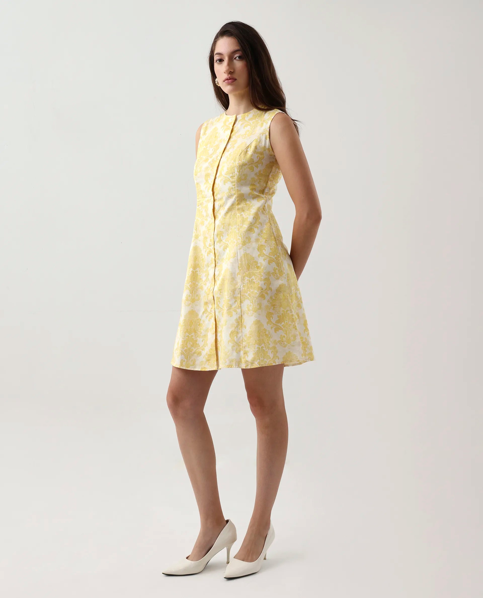 Rareism Women's Jeklo Yellow Cotton Round Neck A-Line Printed Dress