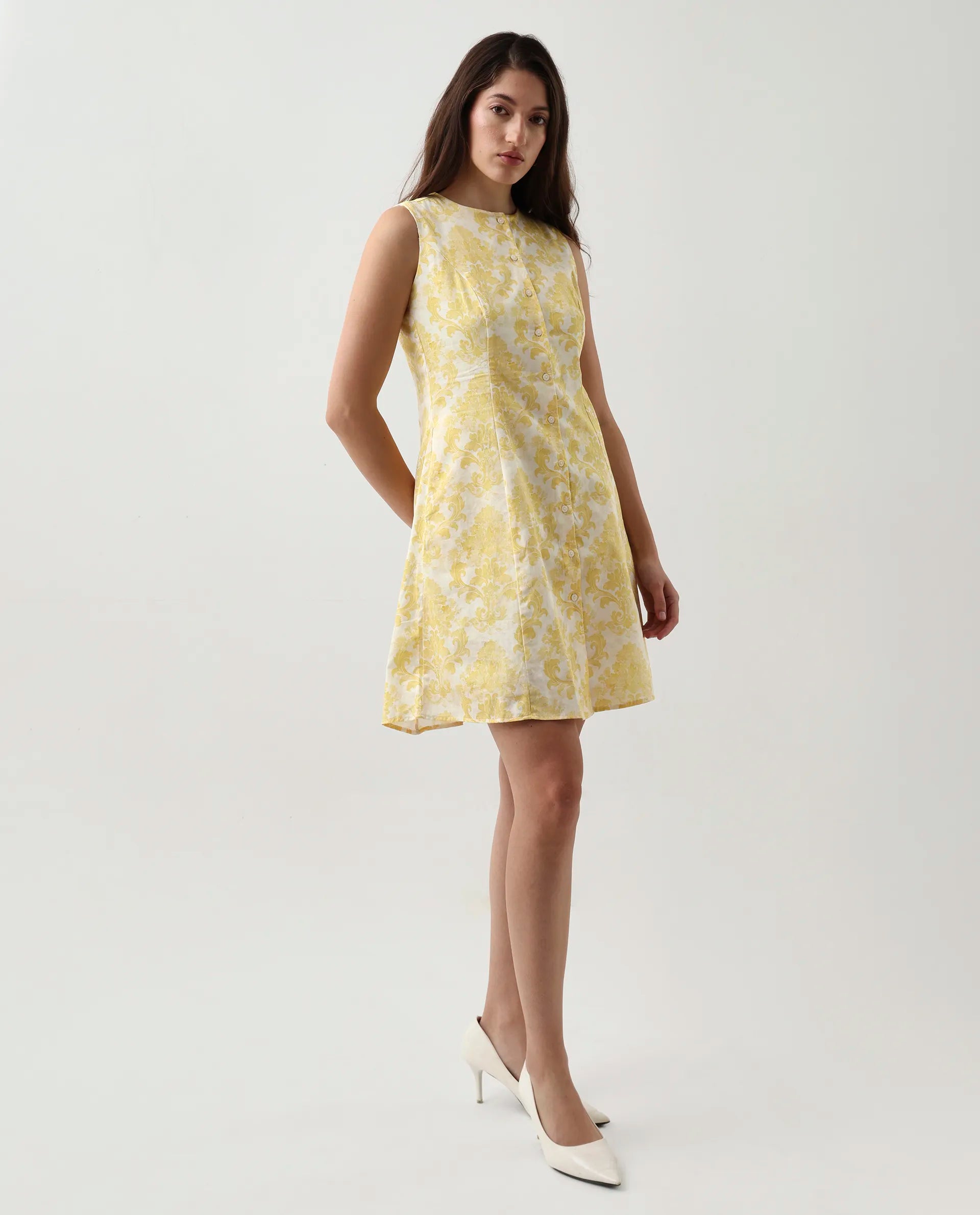 Rareism Women's Jeklo Yellow Cotton Round Neck A-Line Printed Dress