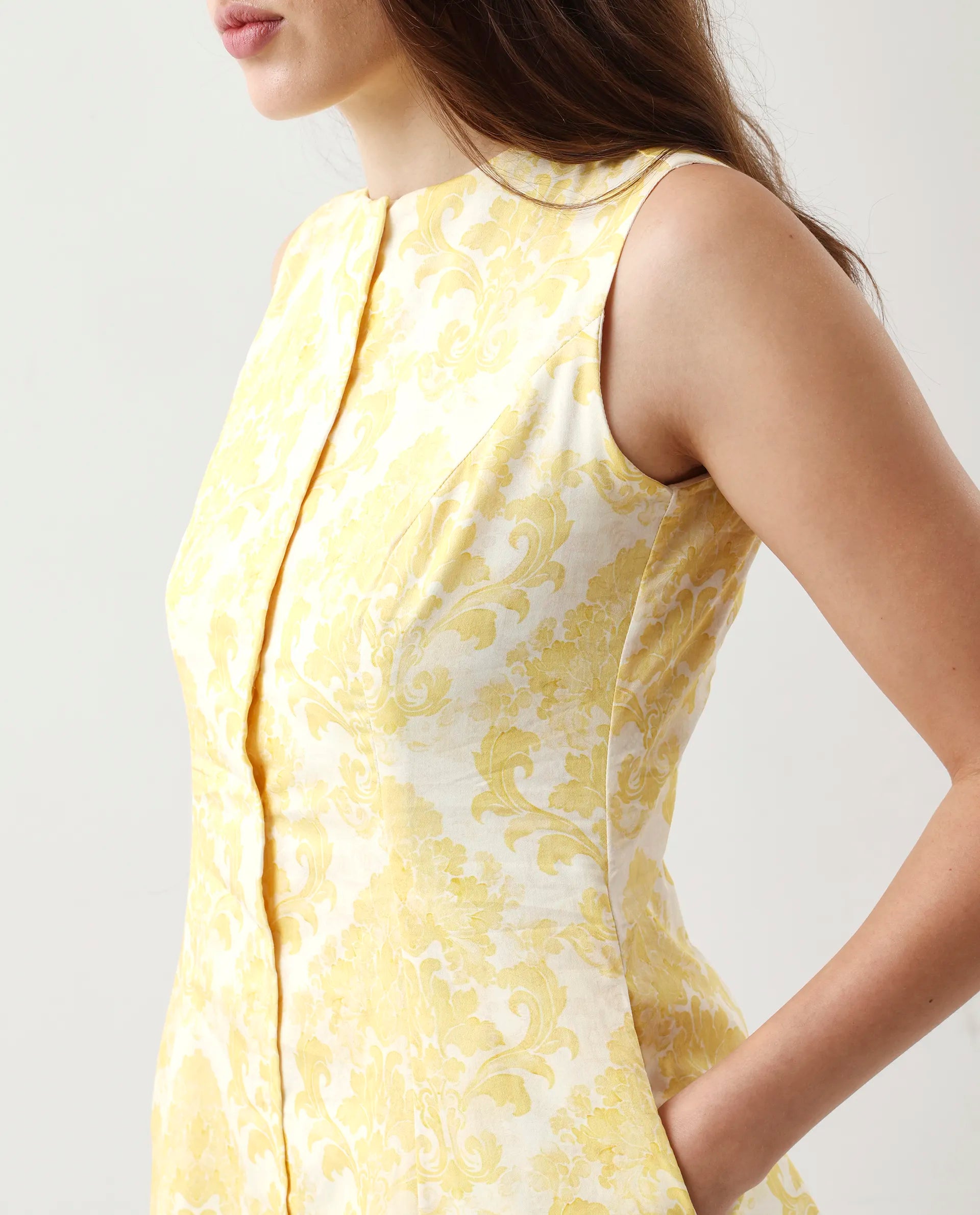 Rareism Women's Jeklo Yellow Cotton Round Neck A-Line Printed Dress