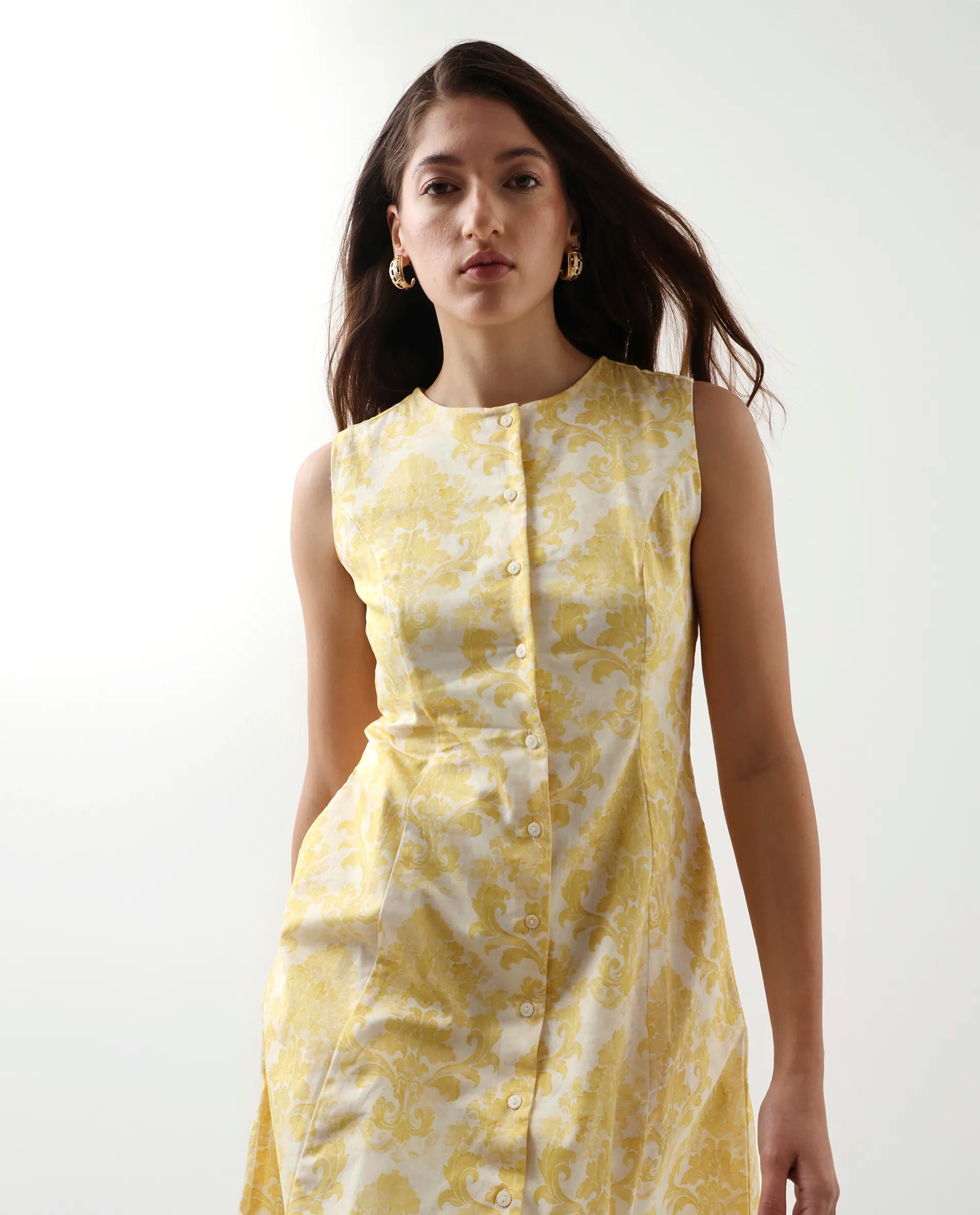 Rareism Women's Jeklo Yellow Cotton Round Neck A-Line Printed Dress