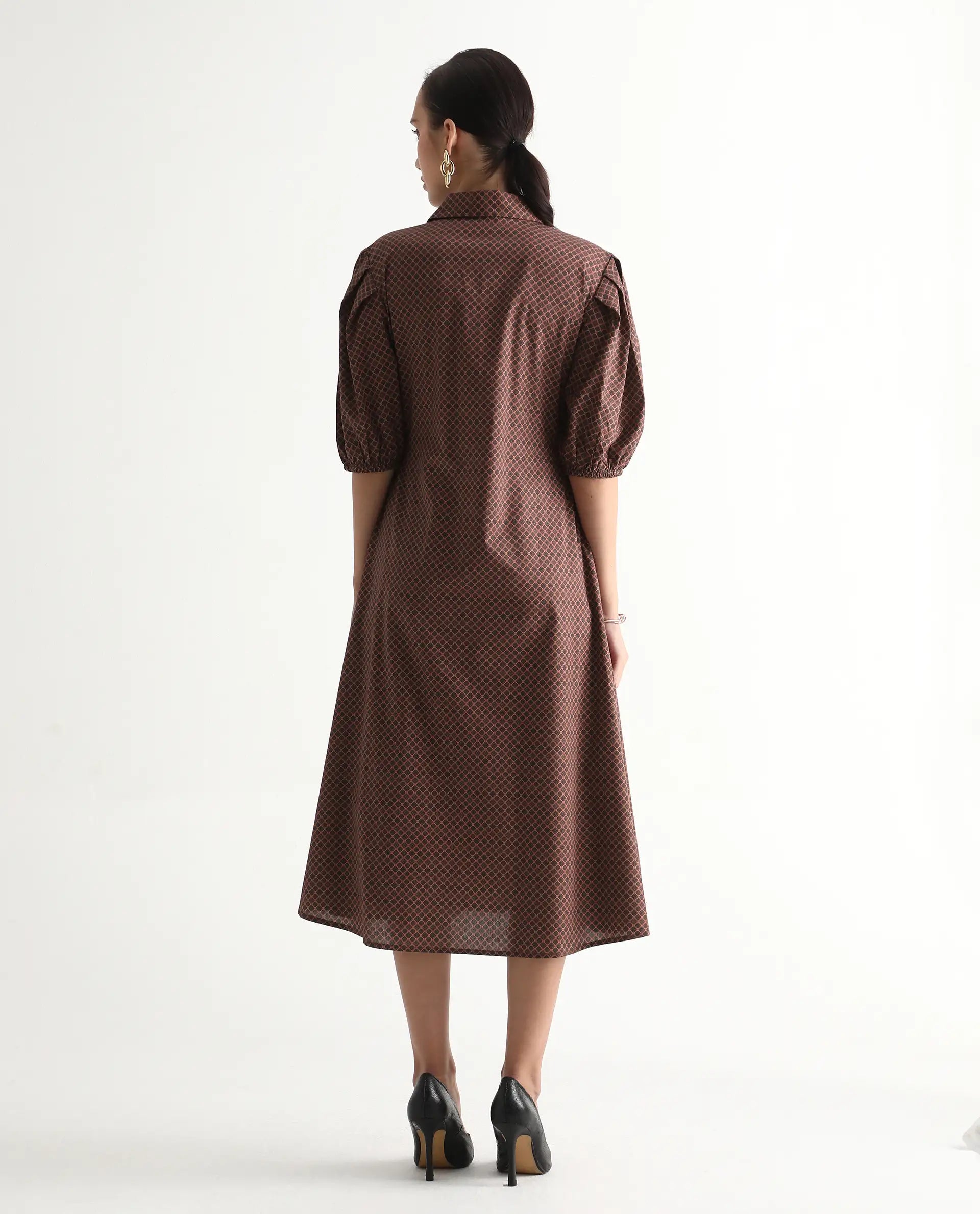 Rareism Women's Jembot Dark Green Cotton Collared Neck A-Line Geometric Print Midi Dress