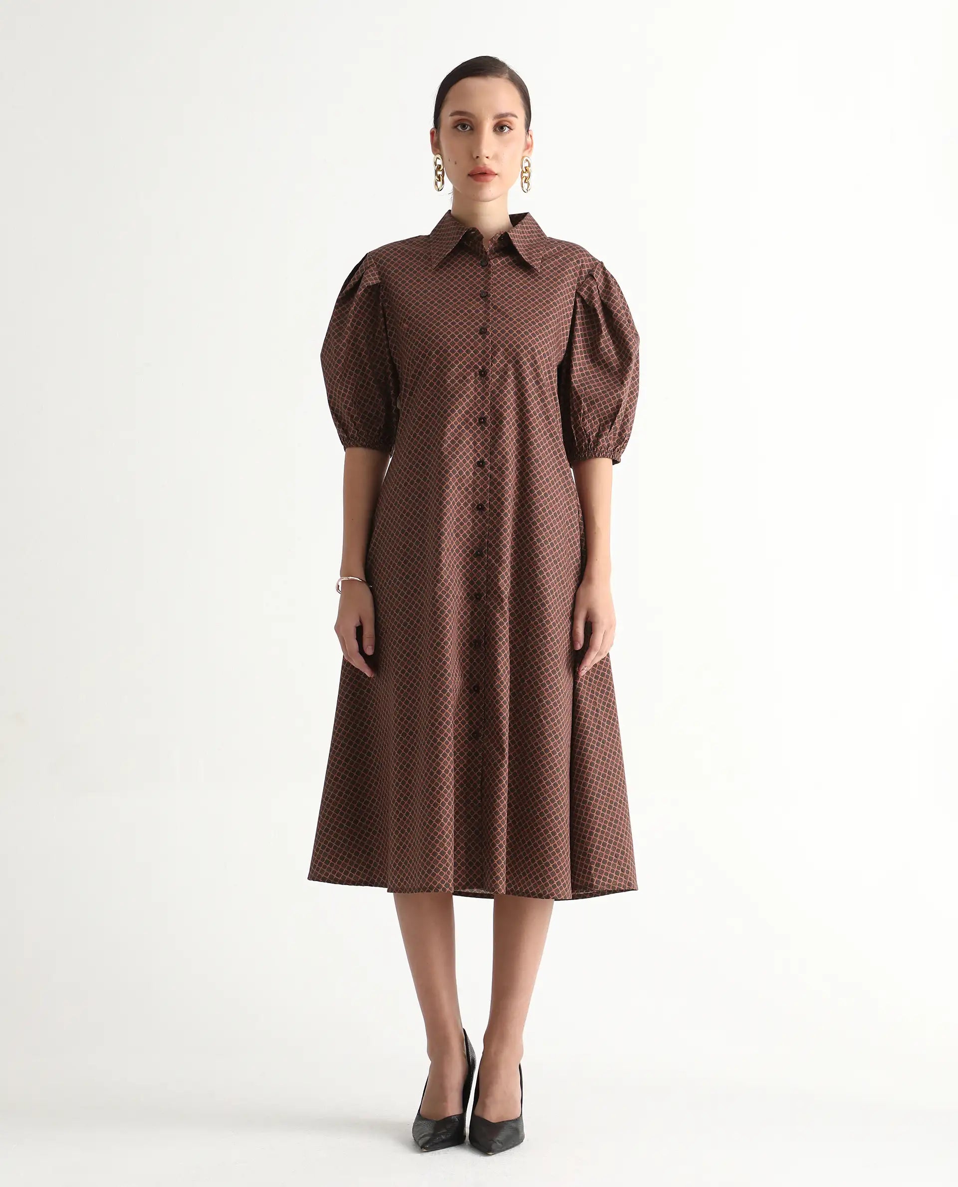 Rareism Women's Jembot Dark Green Cotton Collared Neck A-Line Geometric Print Midi Dress