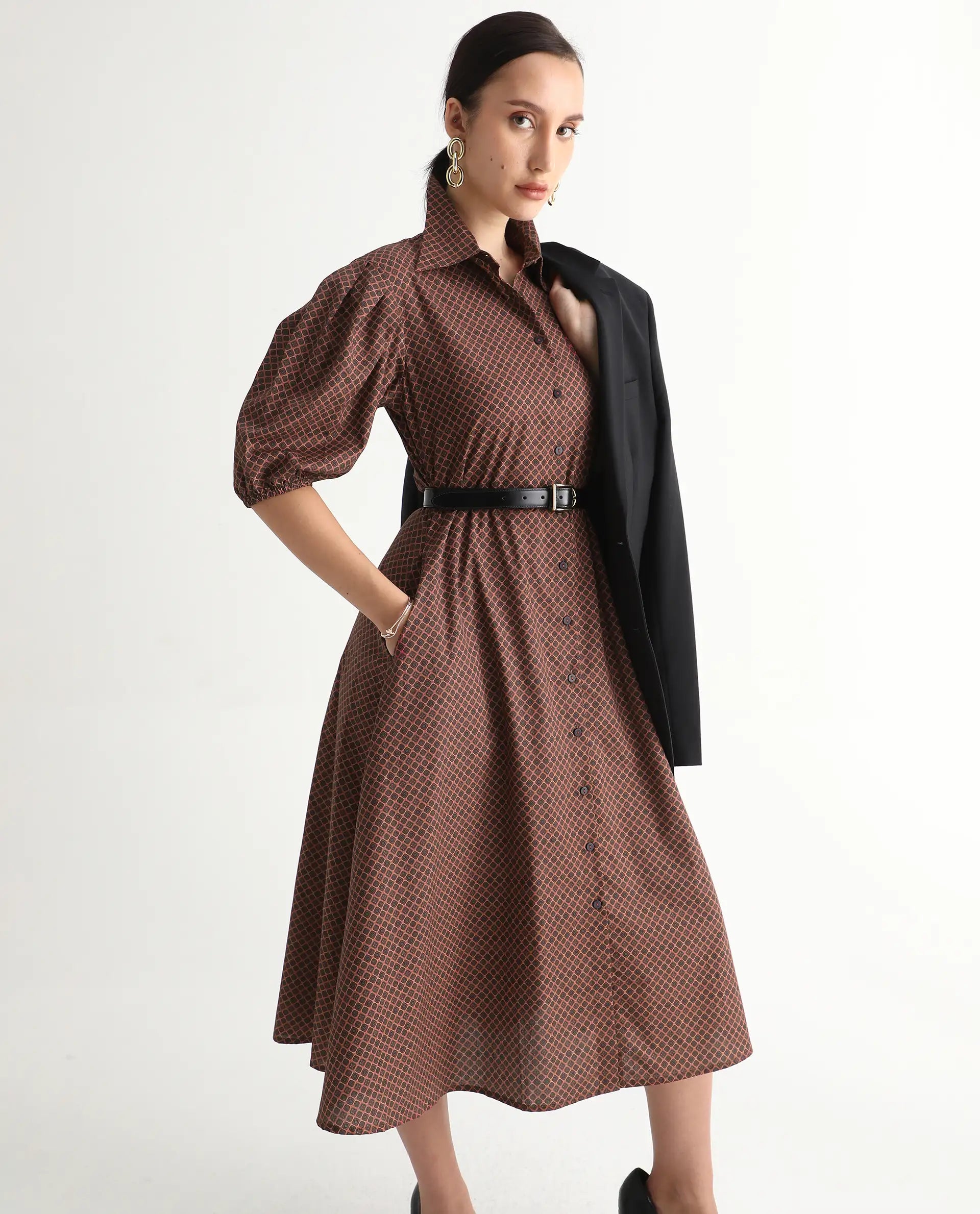 Rareism Women's Jembot Dark Green Cotton Collared Neck A-Line Geometric Print Midi Dress