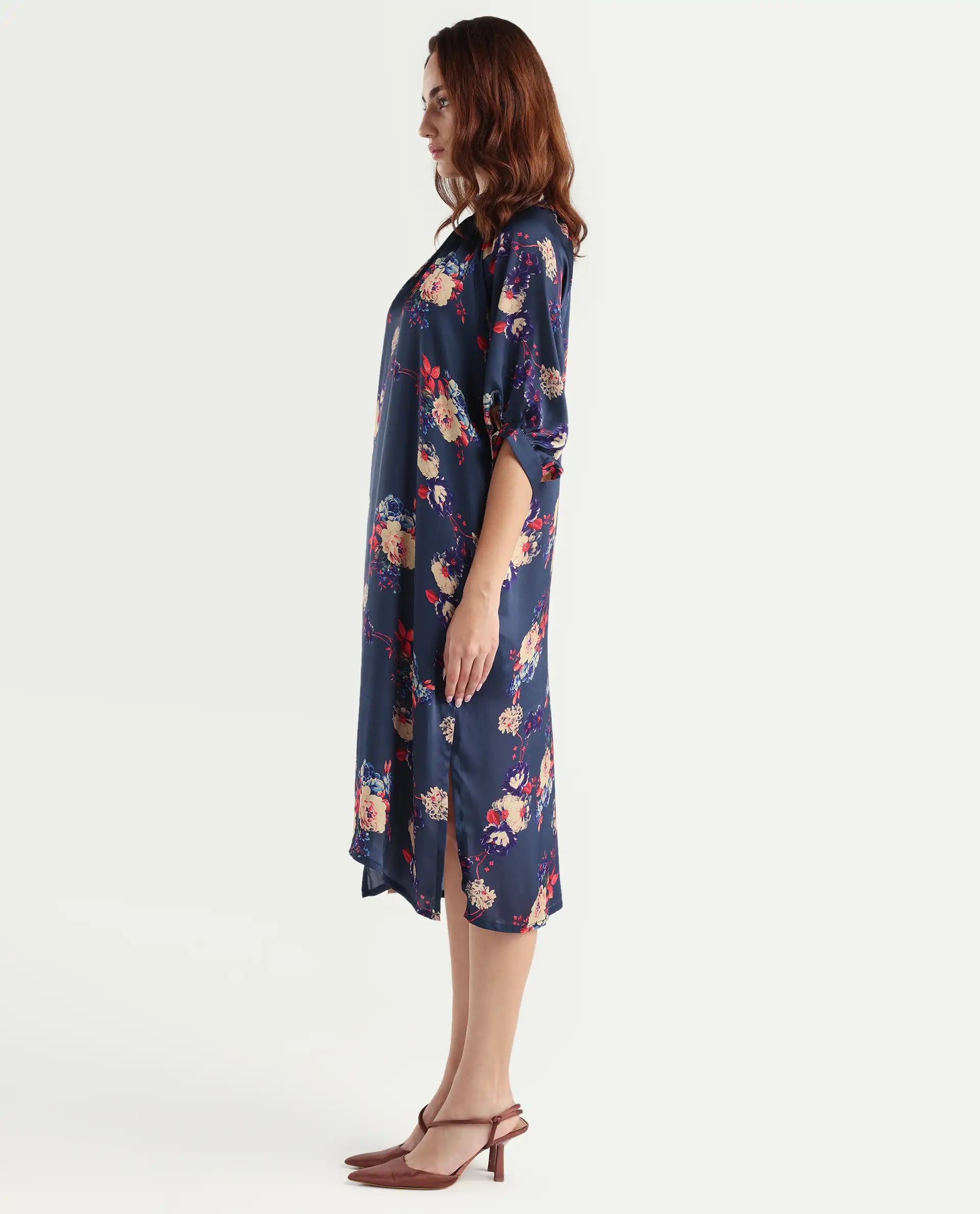 Rareism Women's Jemma Navy Cotton High Neck Floral Print Sleeveless Maxi Regular Fit Dress