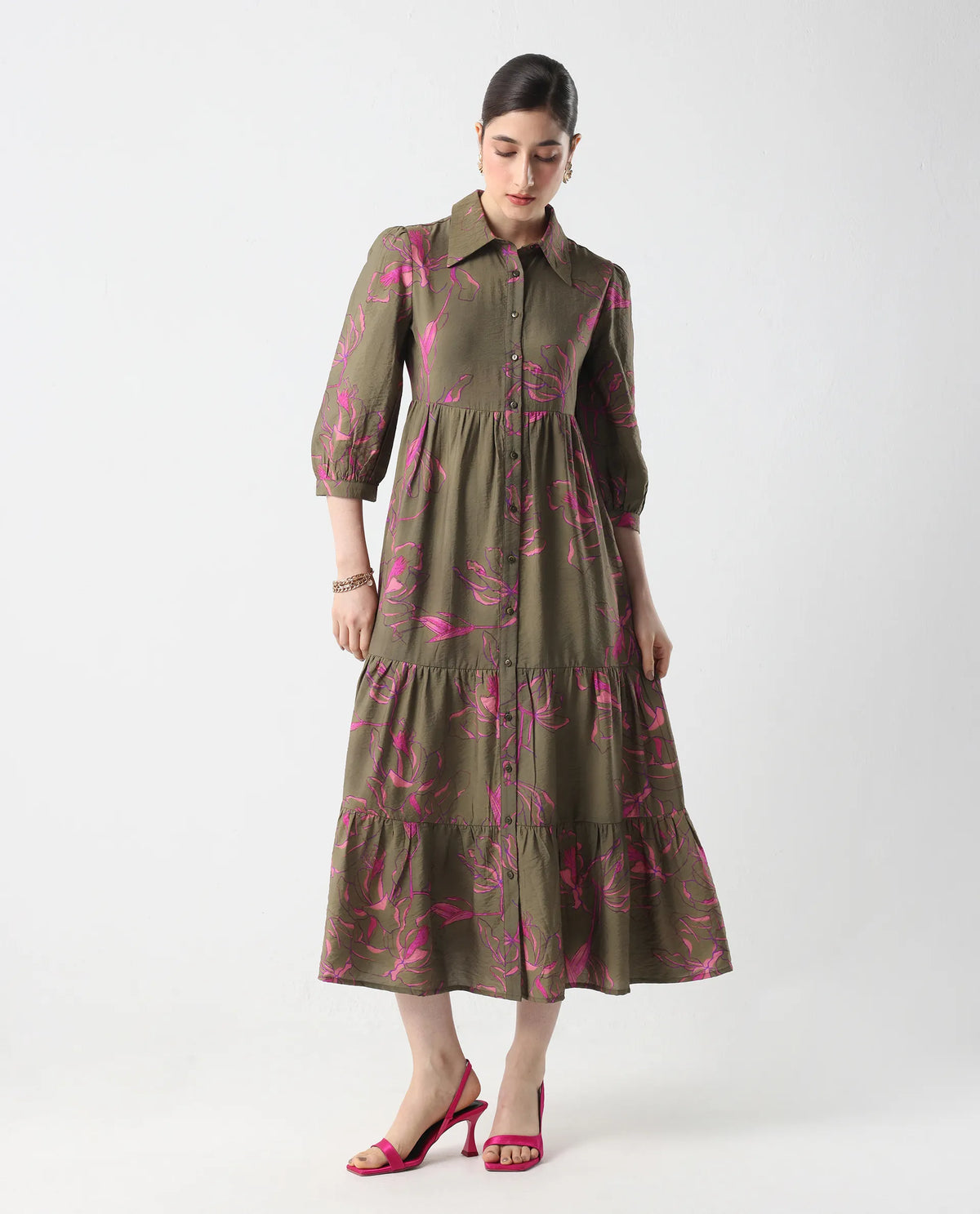 Rareism Women's Jenbel Multi Viscose Blend Spread Collar Flared Floral Print Dress