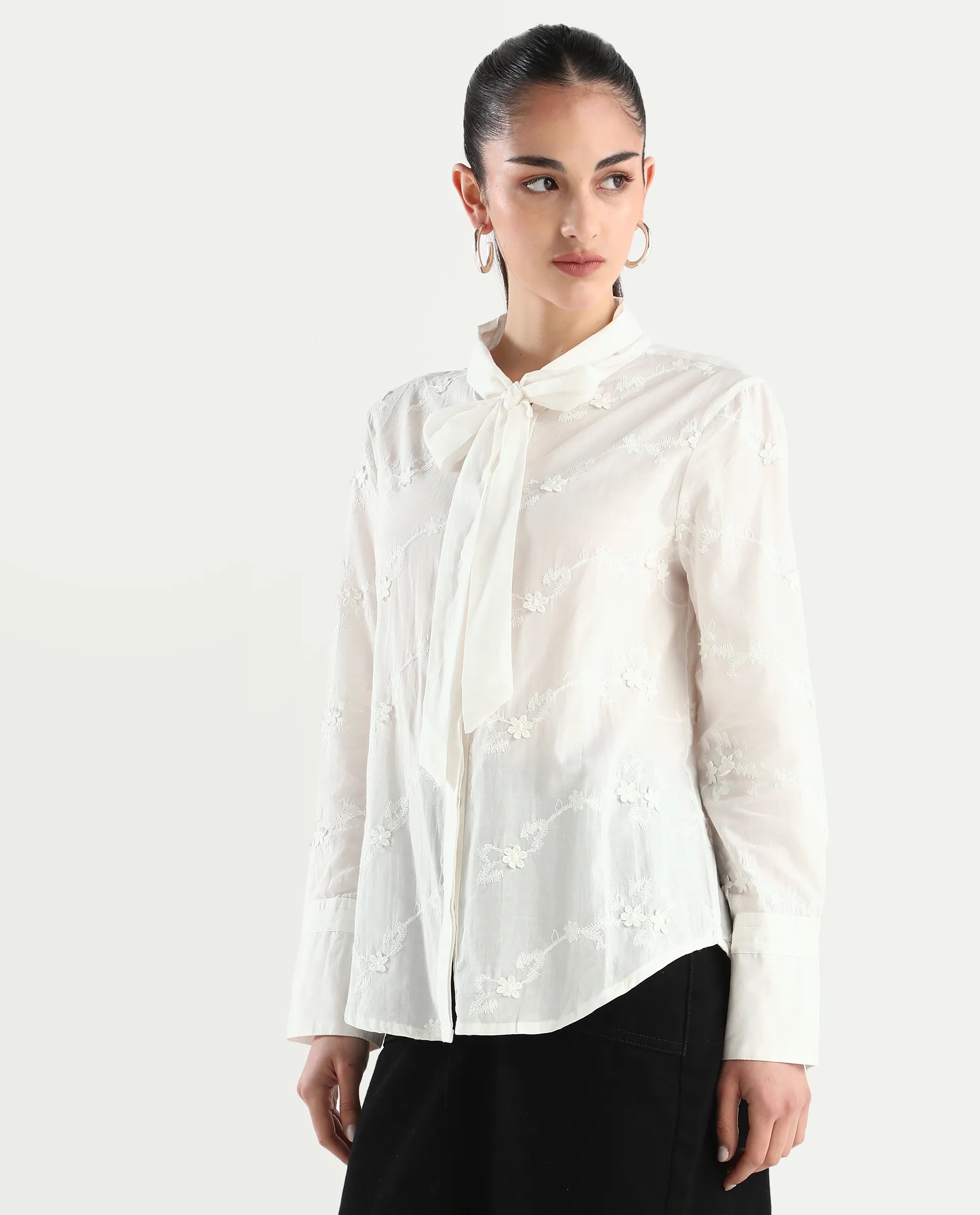 Rareism Women's Jeneiro White Cotton Tie-Up Neck Plain Cuffed Sleeve Regular Fit Shirt