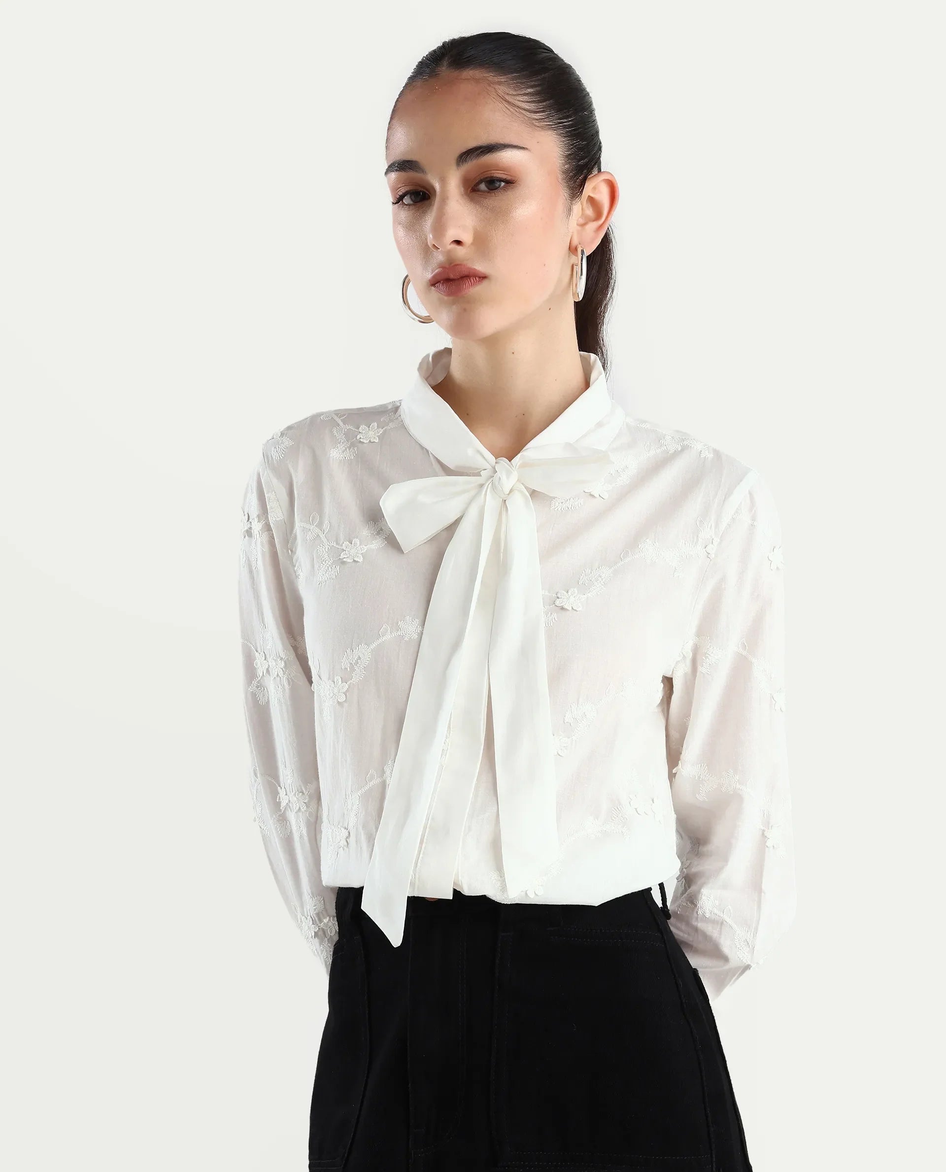 Rareism Women's Jeneiro White Cotton Tie-Up Neck Plain Cuffed Sleeve Regular Fit Shirt