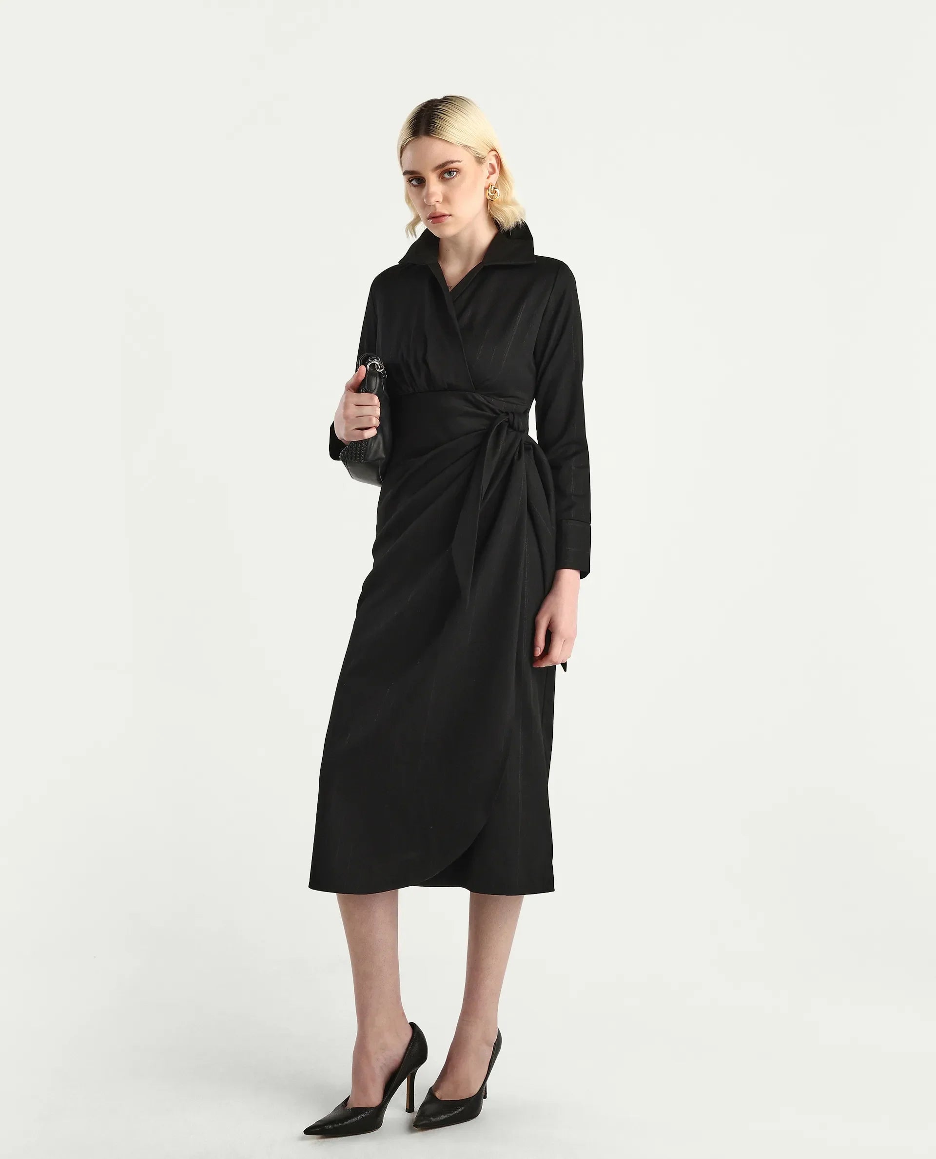 Rareism Women's Jenlin Black Poly Viscose Cuffed Sleeve Jonny Collar Straight Fit Plain Midi Dress