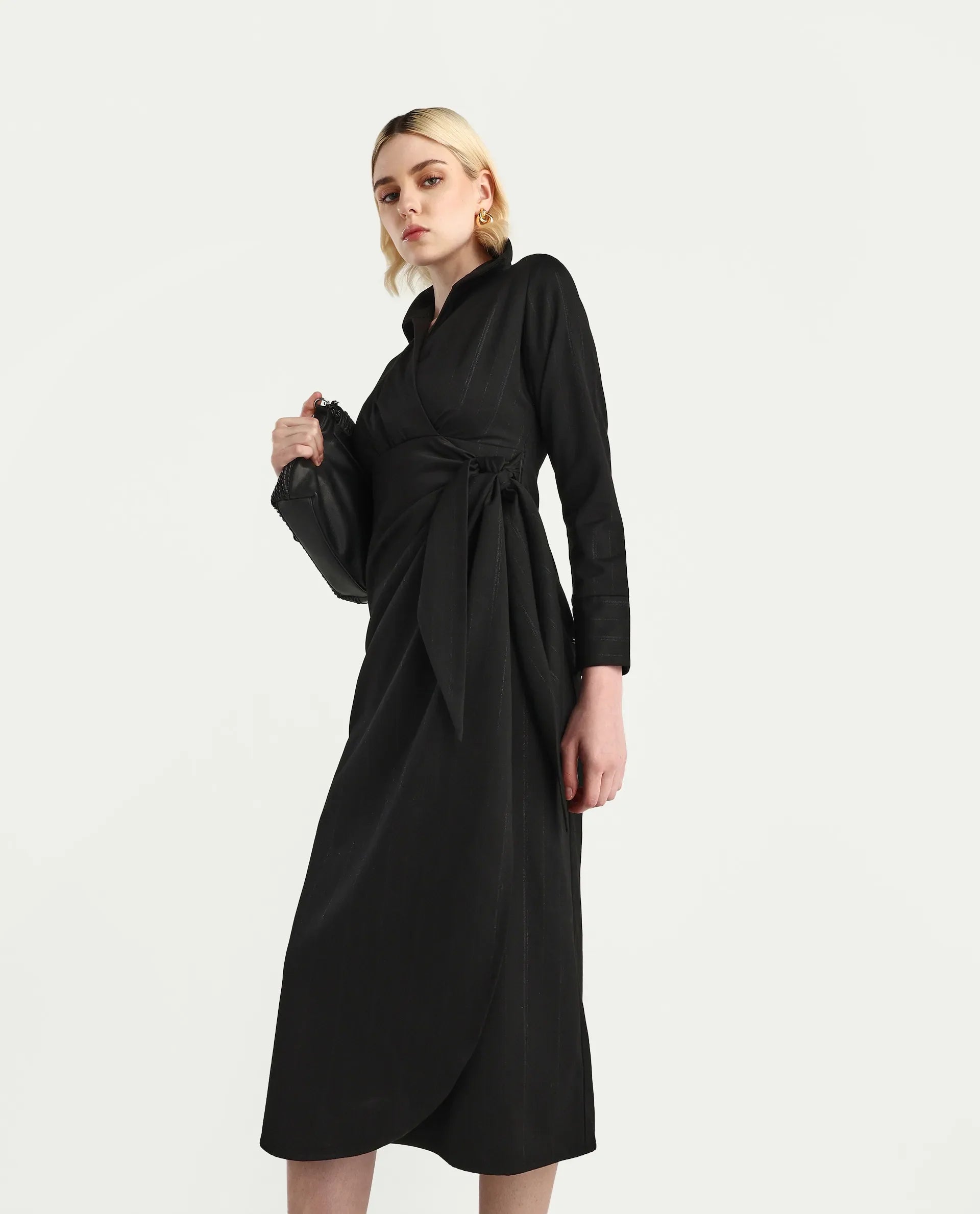 Rareism Women's Jenlin Black Polyester blend Cuffed Sleeve Jonny Collar Straight Fit Plain Midi Dress