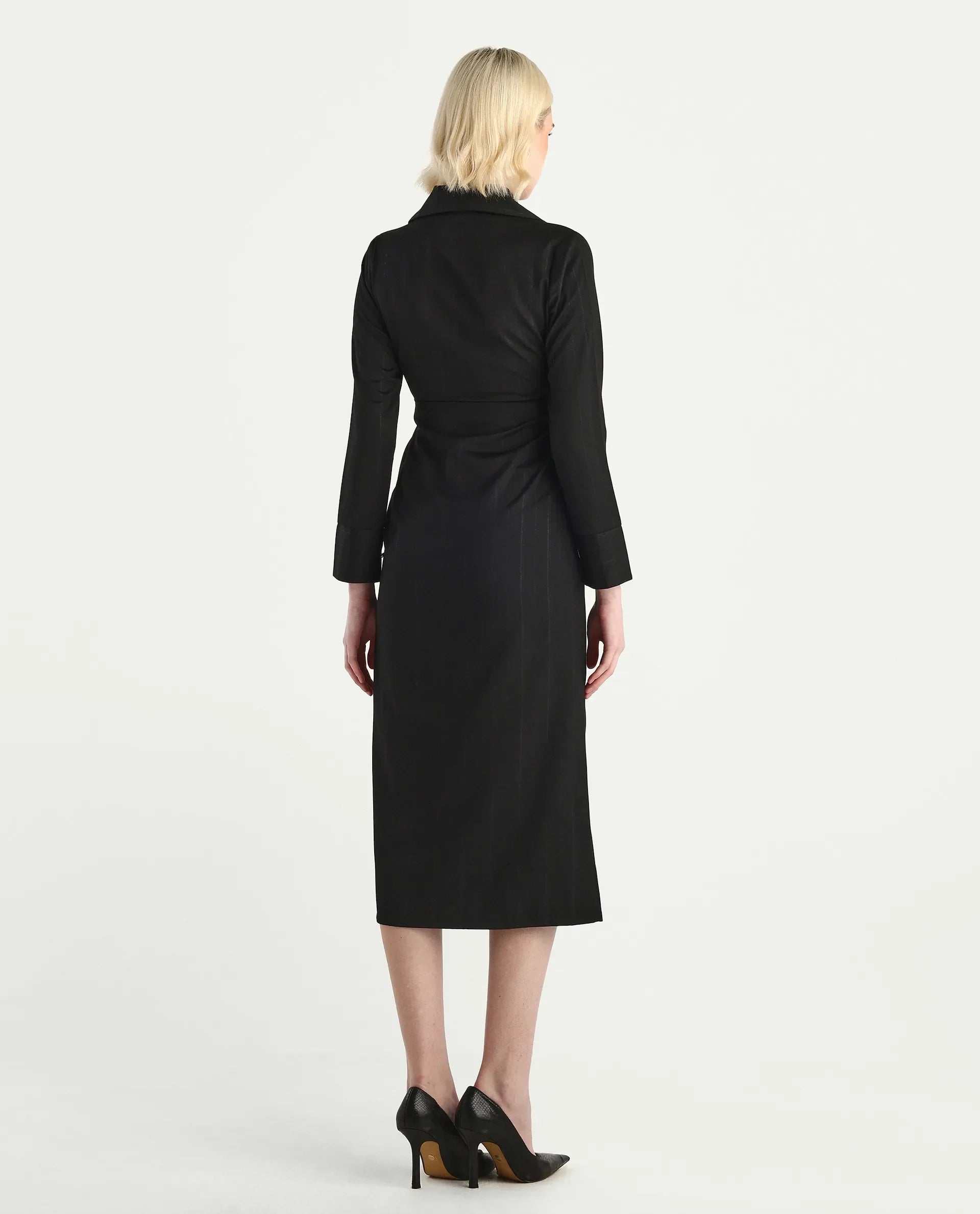 Rareism Women's Jenlin Black Poly Viscose Cuffed Sleeve Jonny Collar Straight Fit Plain Midi Dress