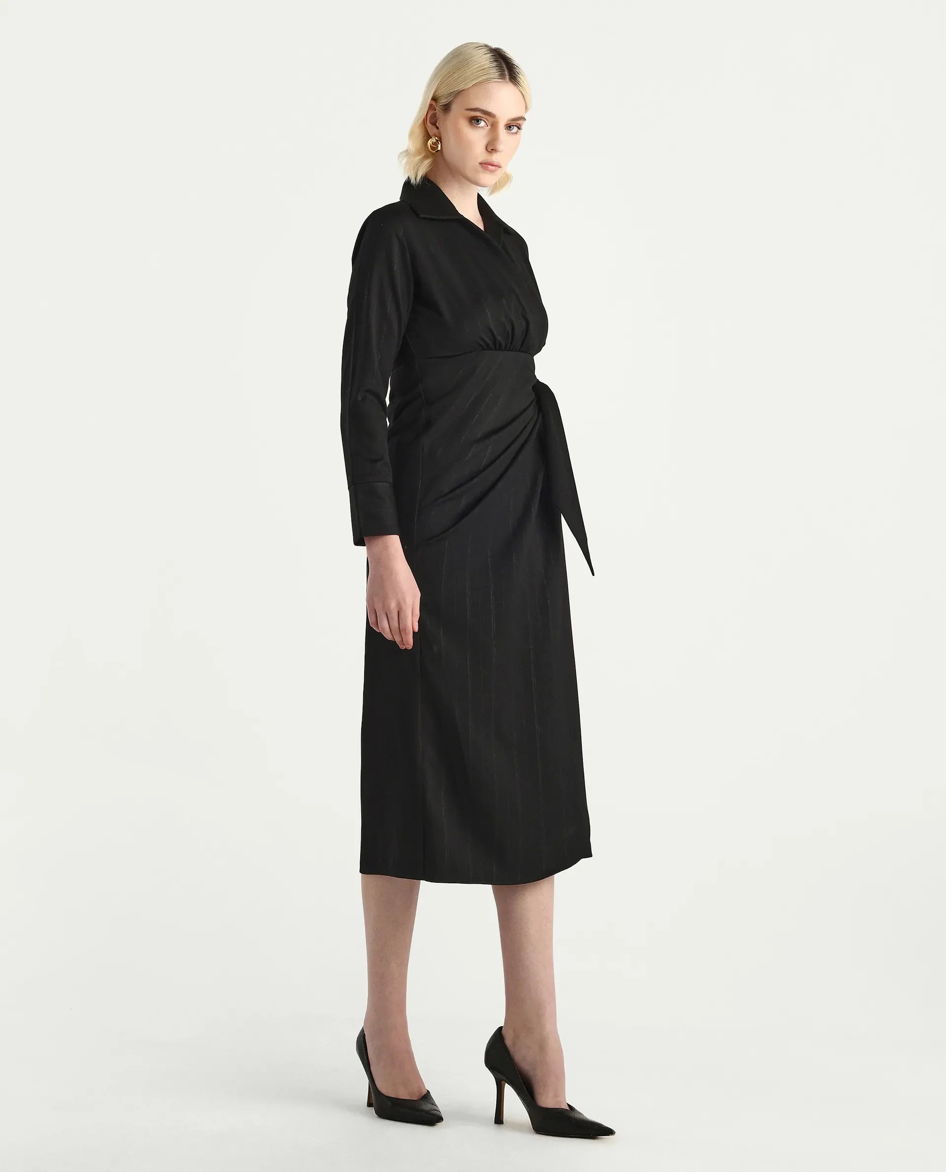 Rareism Women's Jenlin Black Polyester blend Cuffed Sleeve Jonny Collar Straight Fit Plain Midi Dress