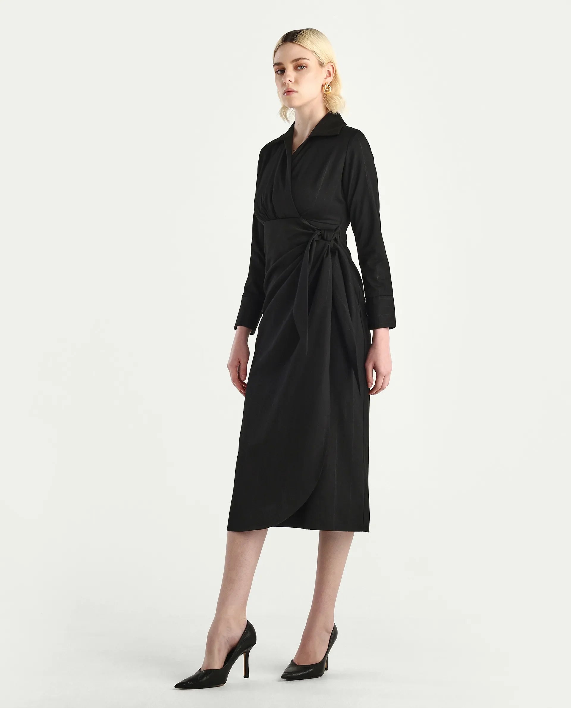 Rareism Women's Jenlin Black Polyester blend Cuffed Sleeve Jonny Collar Straight Fit Plain Midi Dress