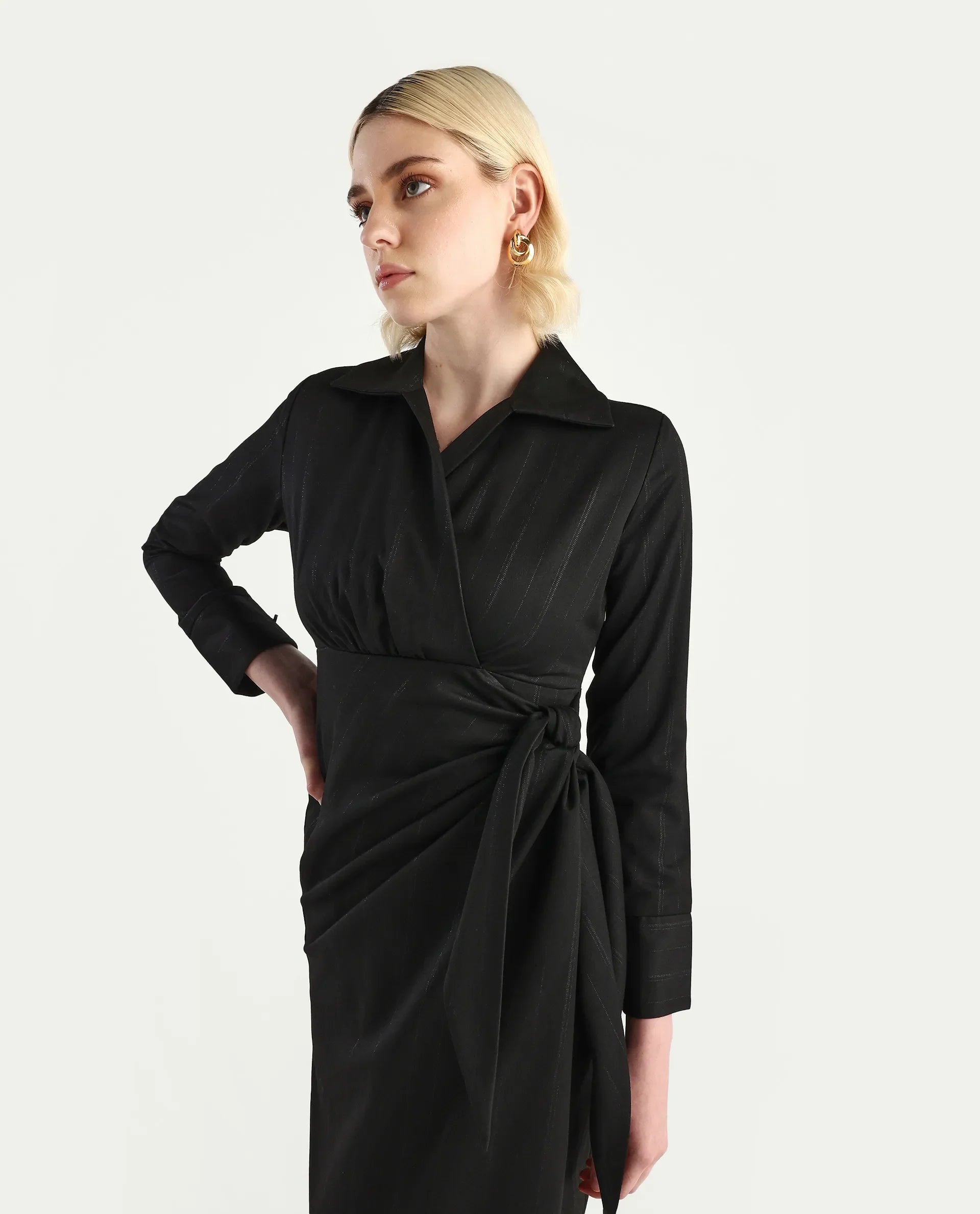 Rareism Women's Jenlin Black Polyester blend Cuffed Sleeve Jonny Collar Straight Fit Plain Midi Dress