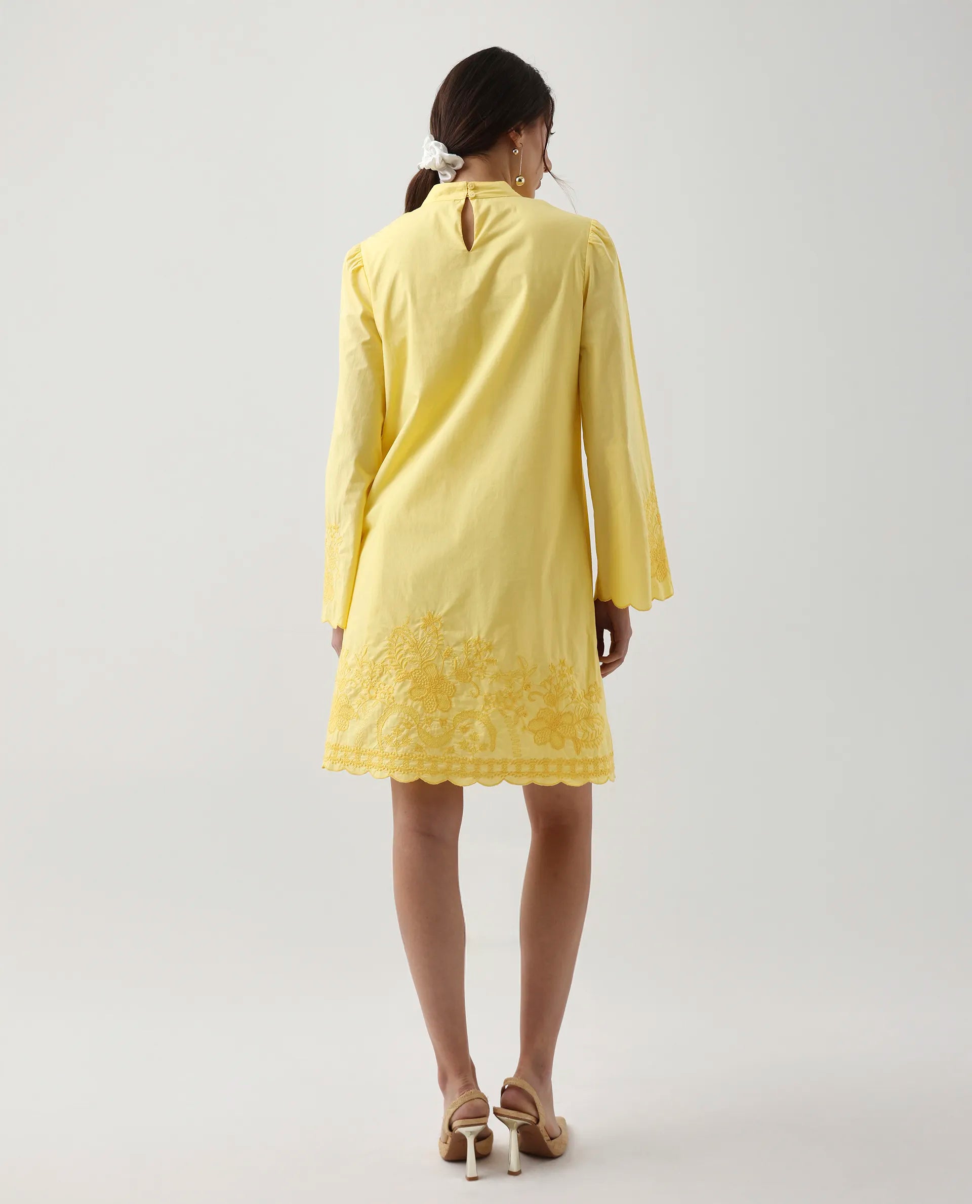 Rareism Women's Jenmin Yellow Cotton Mandarin Collar A-Line Plain Dress