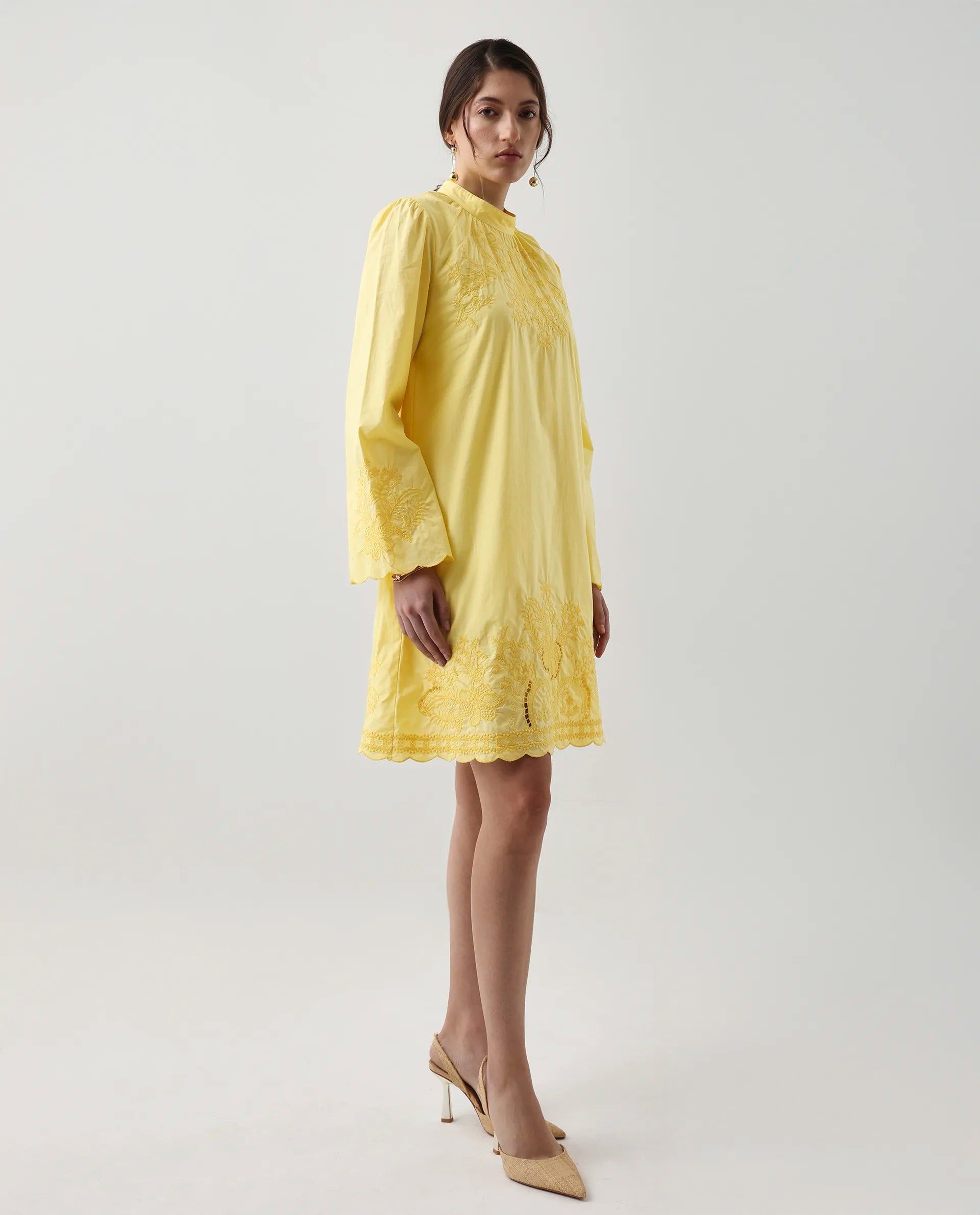 Rareism Women's Jenmin Yellow Cotton Mandarin Collar A-Line Plain Dress