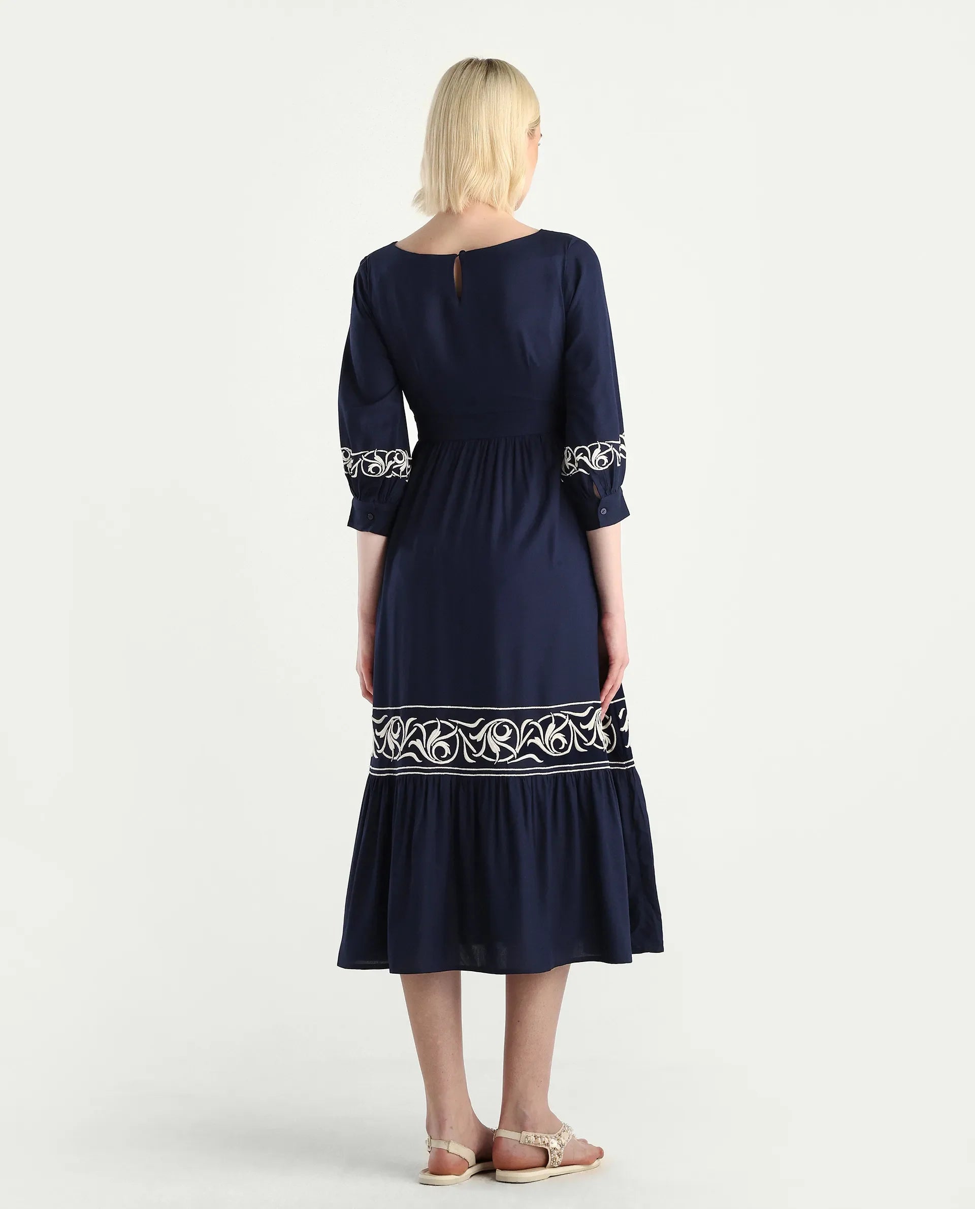 Rareism Women's Jenpen Navy Viscose Boat Neck Fit And Flare Plain Midi Dress