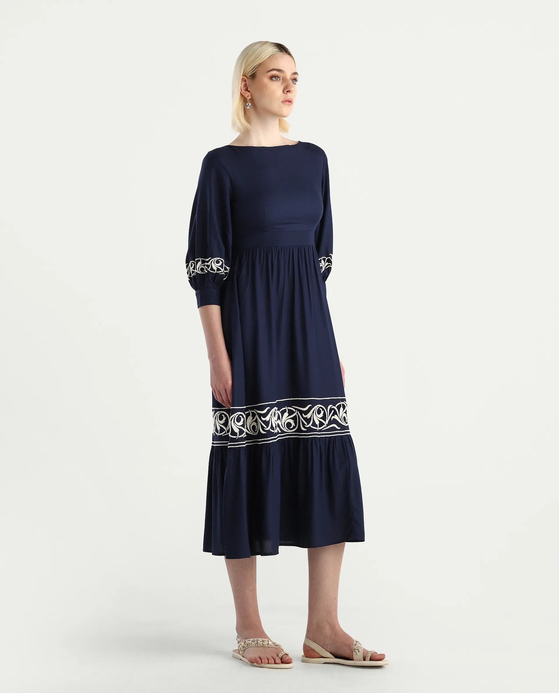 Rareism Women's Jenpen Navy Viscose Boat Neck Fit And Flare Plain Midi Dress